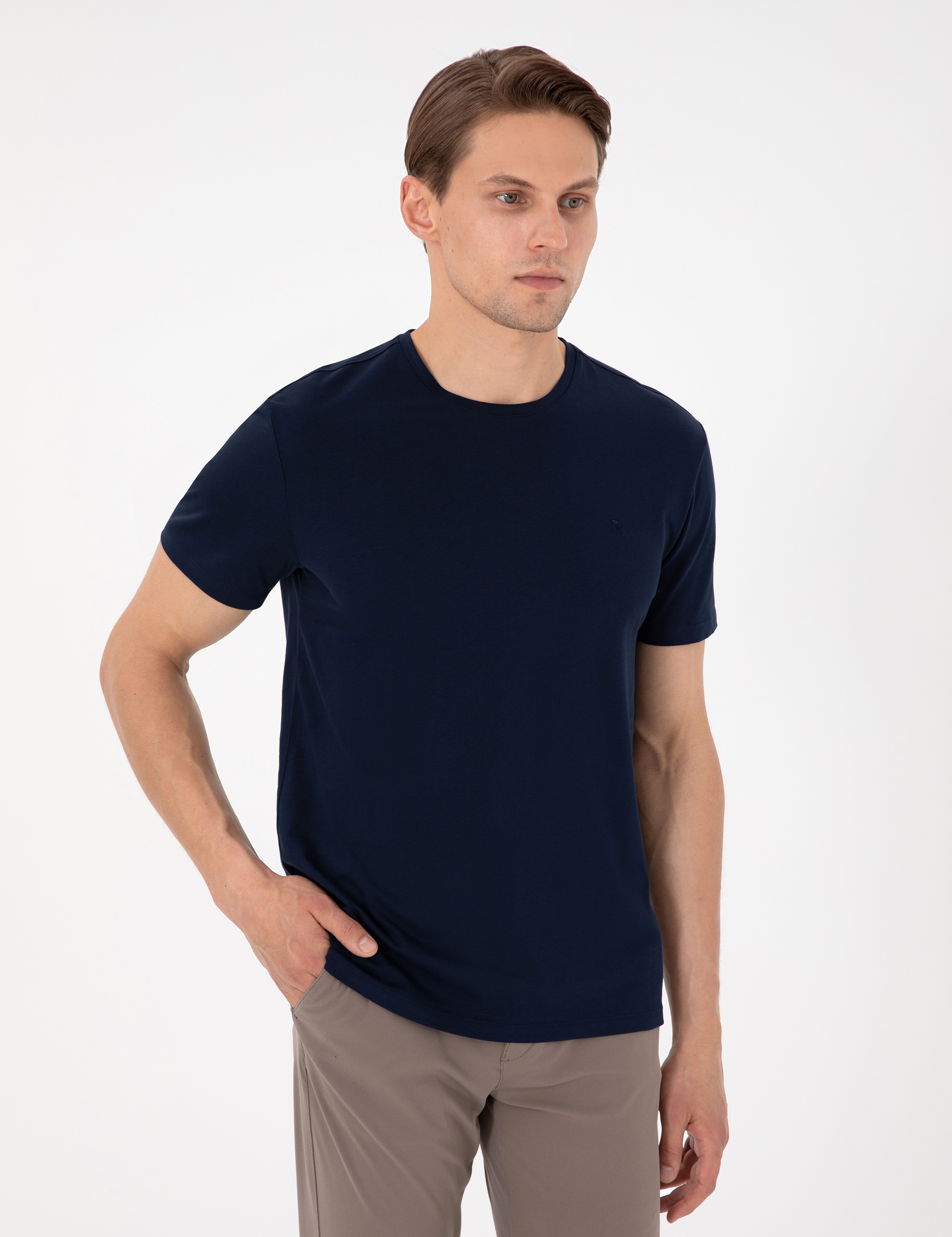 Lacivert Slim Fit %100 Pamuk Bisiklet Yaka Basic Tişört - Image 3