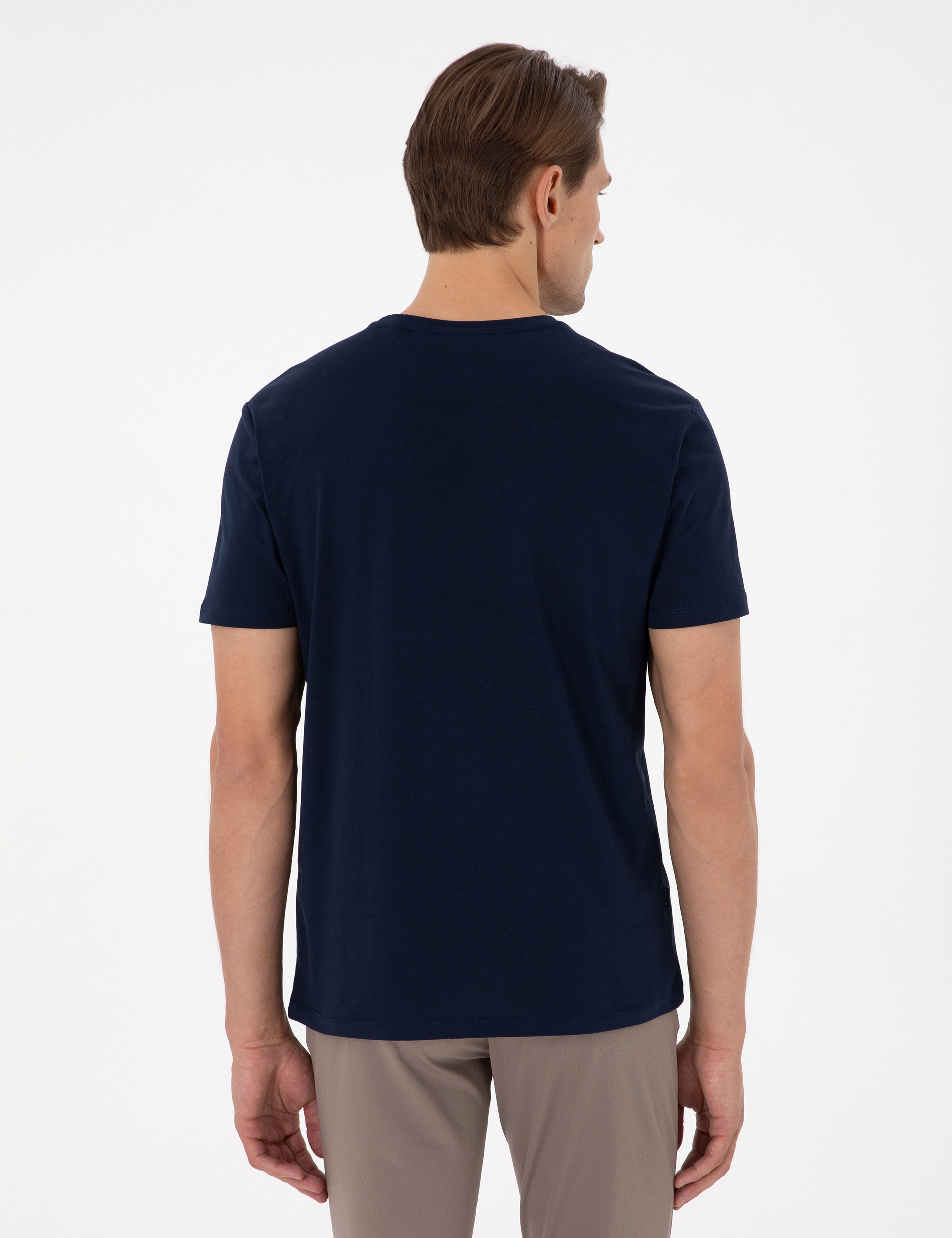 Lacivert Slim Fit %100 Pamuk Bisiklet Yaka Basic Tişört