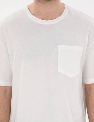 Ekru Comfort Fit %100 Pamuk Bisiklet Yaka Basic Tişört