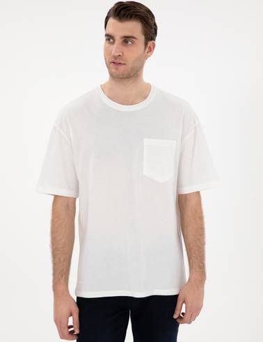 Ekru Comfort Fit %100 Pamuk Bisiklet Yaka Basic Tişört