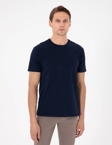 Lacivert Slim Fit %100 Pamuk Bisiklet Yaka Basic Tişört