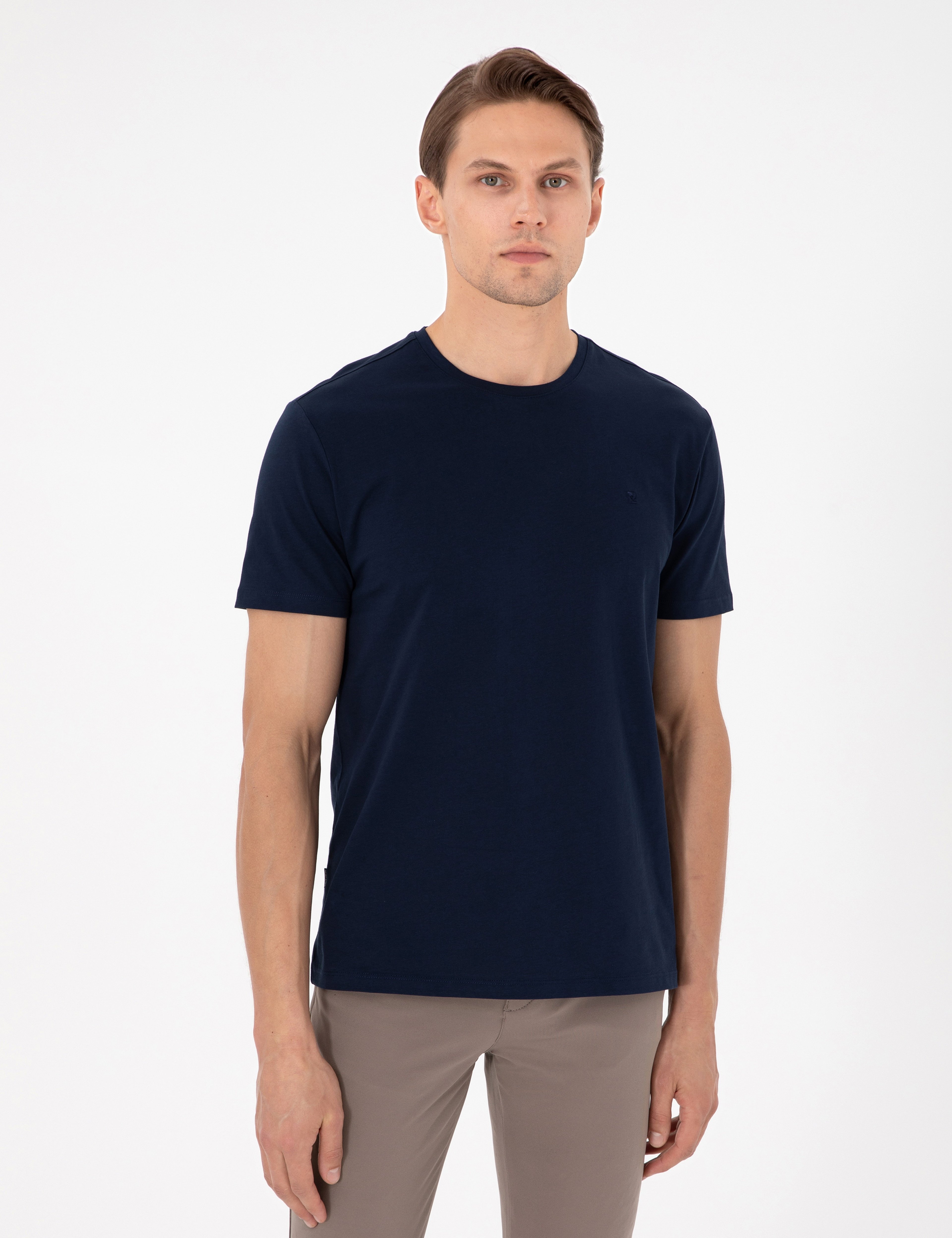 Lacivert Slim Fit %100 Pamuk Bisiklet Yaka Basic Tişört