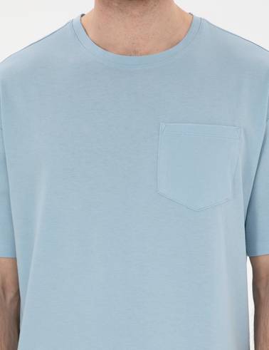 Açık Mavi Comfort Fit %100 Pamuk Bisiklet Yaka Basic Tişört