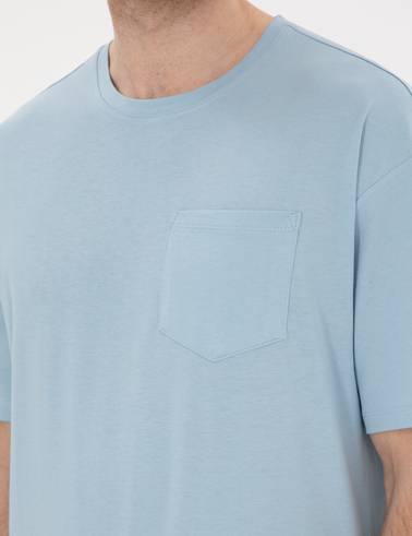 Açık Mavi Comfort Fit %100 Pamuk Bisiklet Yaka Basic Tişört