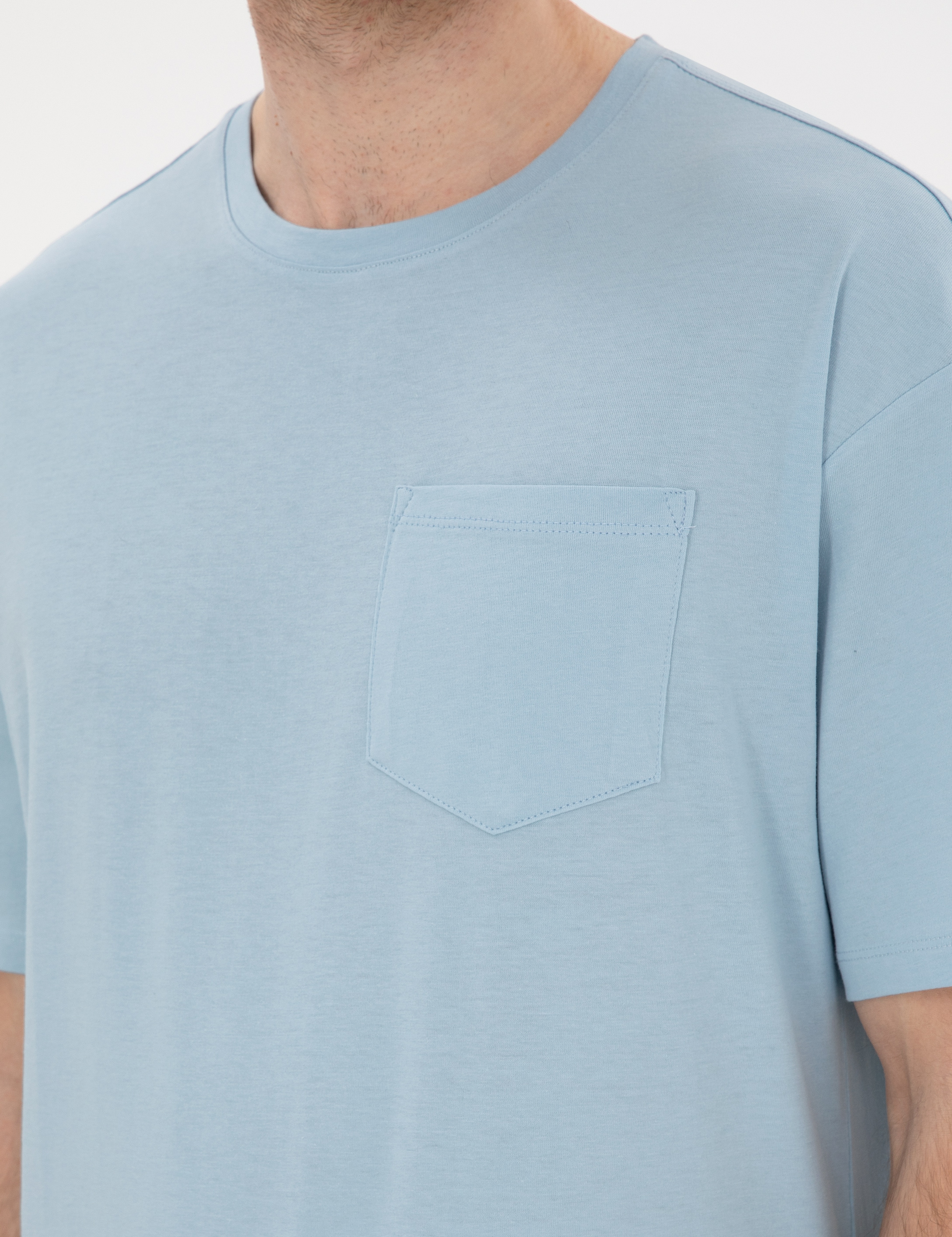 Açık Mavi Comfort Fit %100 Pamuk Bisiklet Yaka Basic Tişört - Image 7