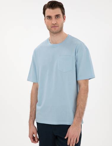 Açık Mavi Comfort Fit %100 Pamuk Bisiklet Yaka Basic Tişört