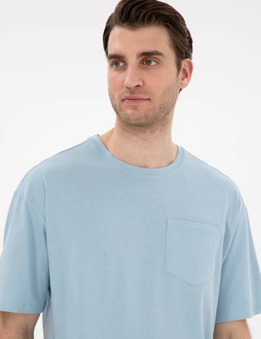 Açık Mavi Comfort Fit %100 Pamuk Bisiklet Yaka Basic Tişört