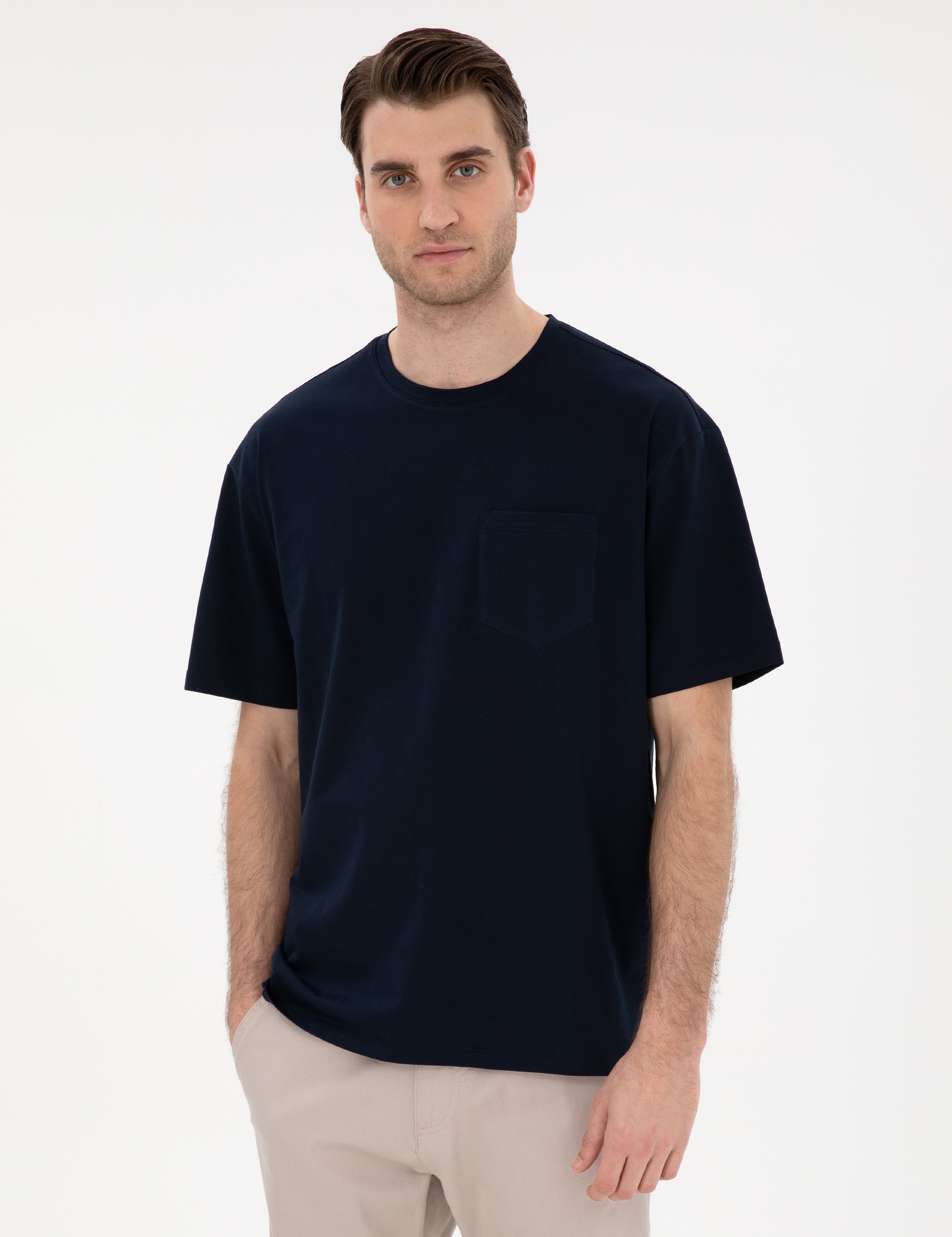 Lacivert Comfort Fit %100 Pamuk Bisiklet Yaka Basic Tişört - Image 1