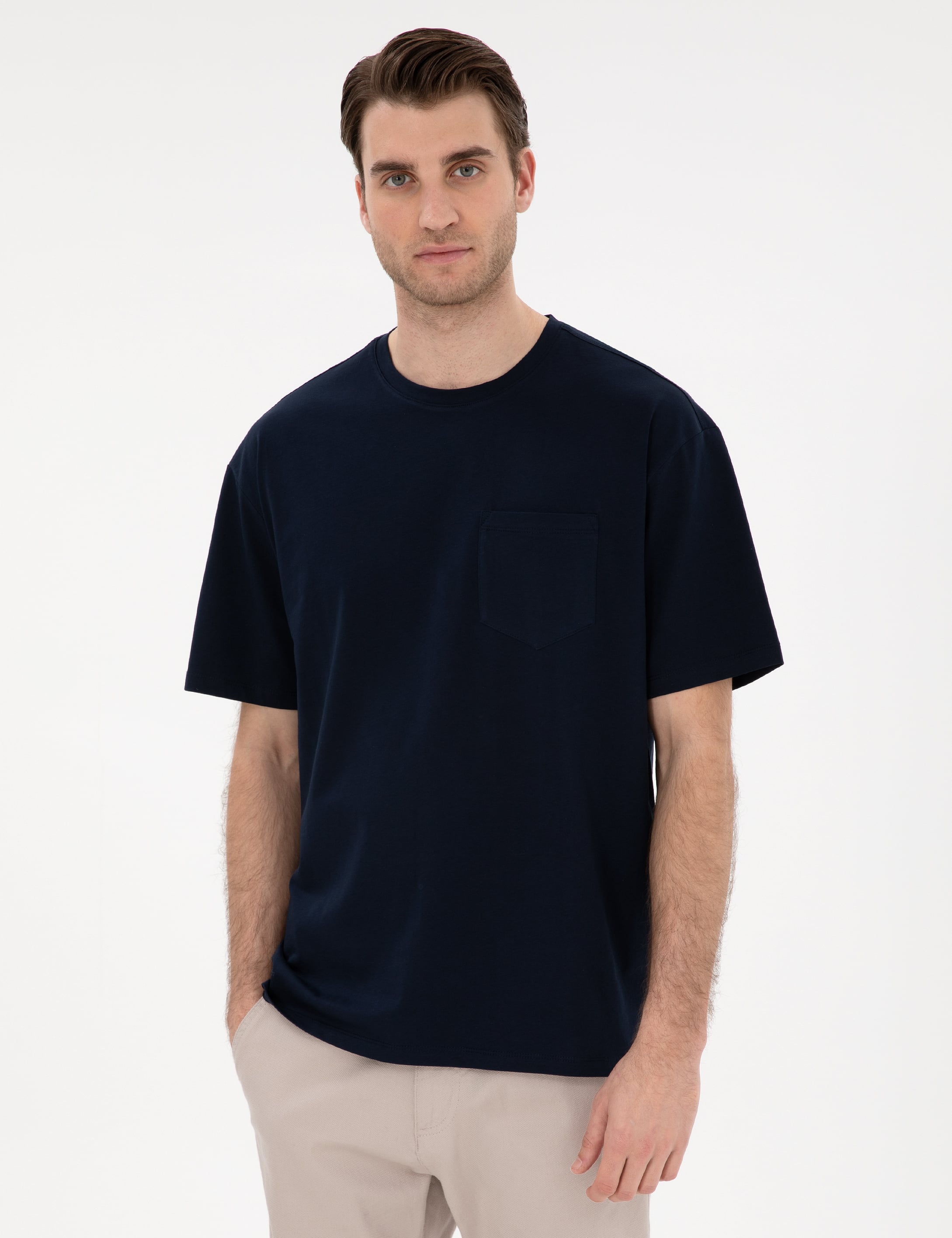 Lacivert Comfort Fit %100 Pamuk Bisiklet Yaka Basic Tişört