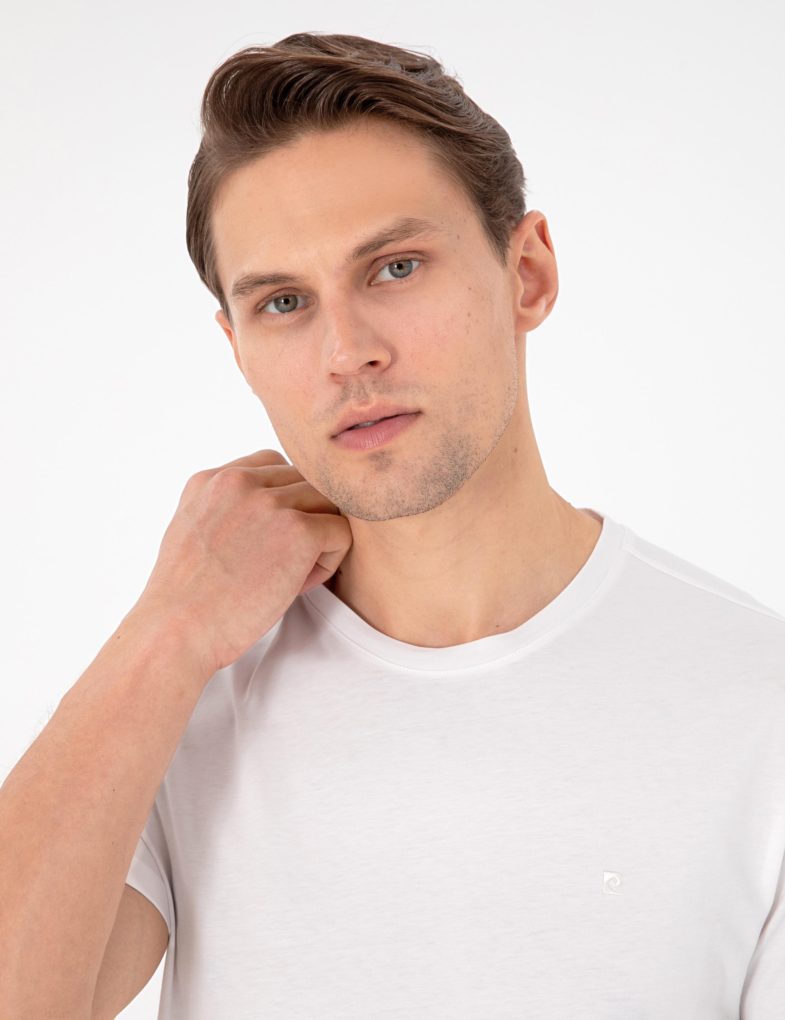 Ekru %100 Pamuk Slim Fit Bisiklet Yaka Basic Tişört