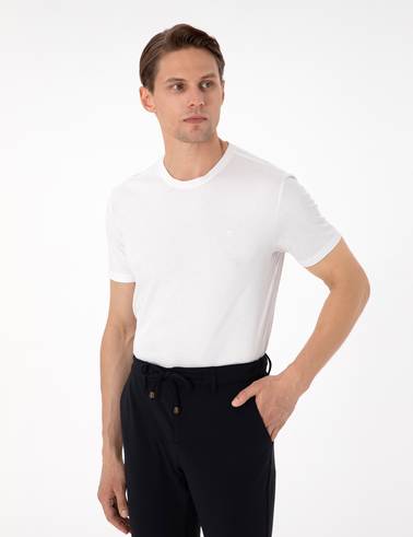 Ekru Slim Fit %100 Pamuk Bisiklet Yaka Basic Tişört