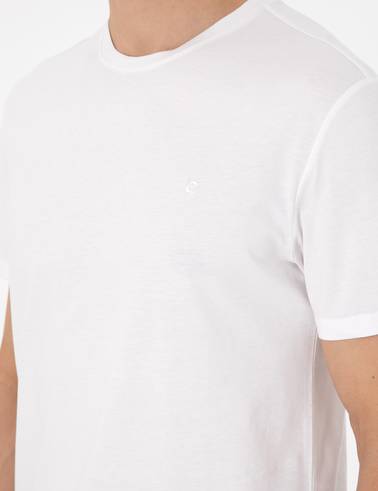 Ekru Slim Fit %100 Pamuk Bisiklet Yaka Basic Tişört
