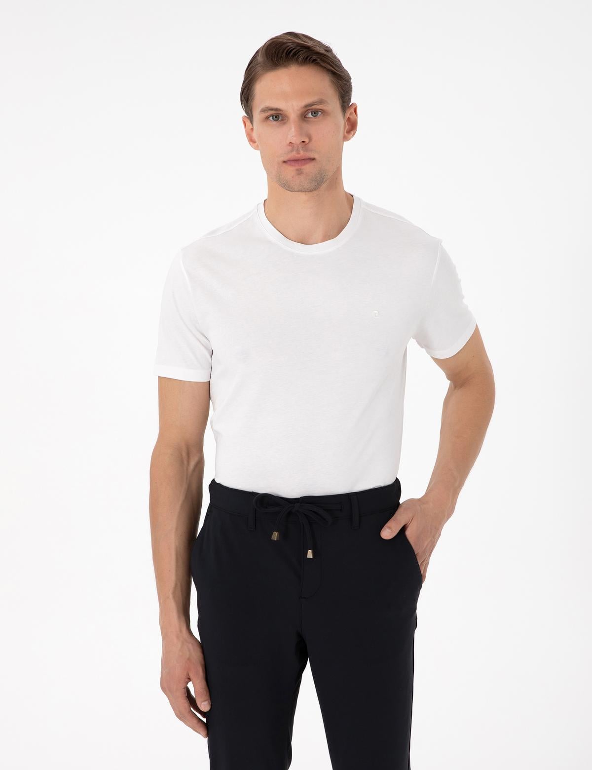 Ekru %100 Pamuk Slim Fit Bisiklet Yaka Basic Tişört