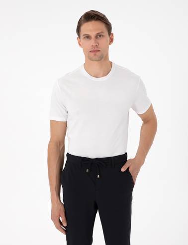 Ekru Slim Fit %100 Pamuk Bisiklet Yaka Basic Tişört