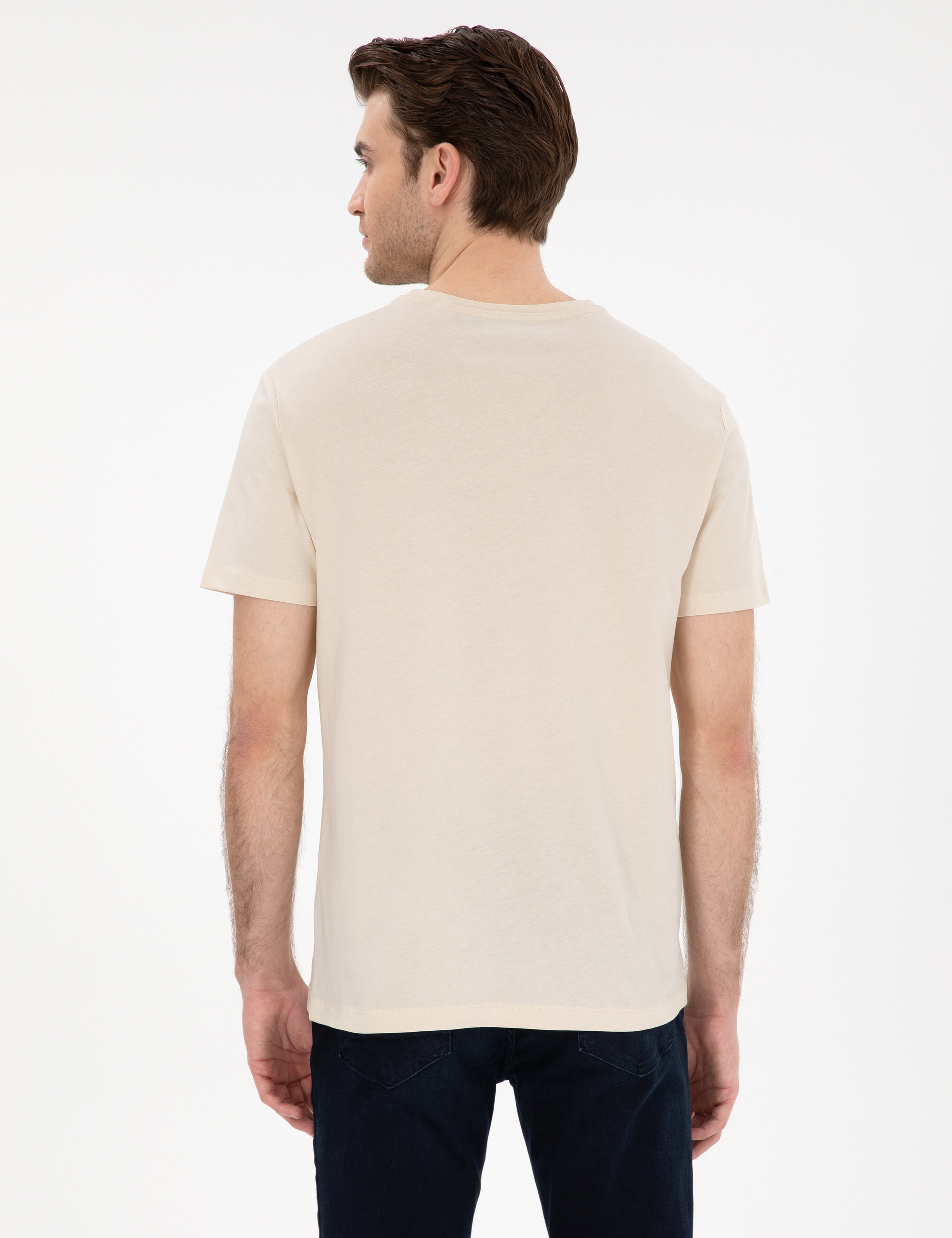 Bej Slim Fit %100 Pamuk Bisiklet Yaka Basic Tişört