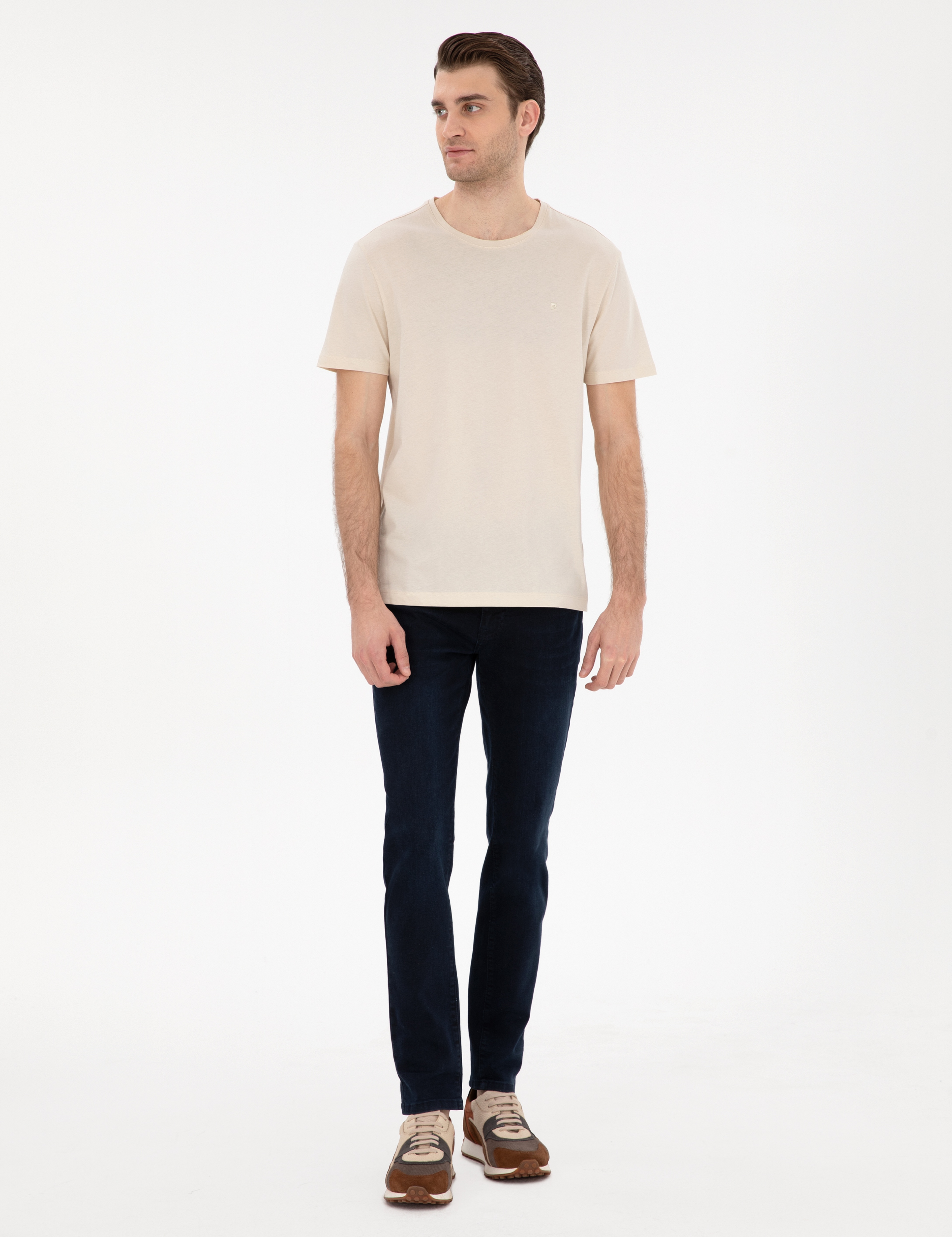 Bej Slim Fit %100 Pamuk Bisiklet Yaka Basic Tişört - Image 4