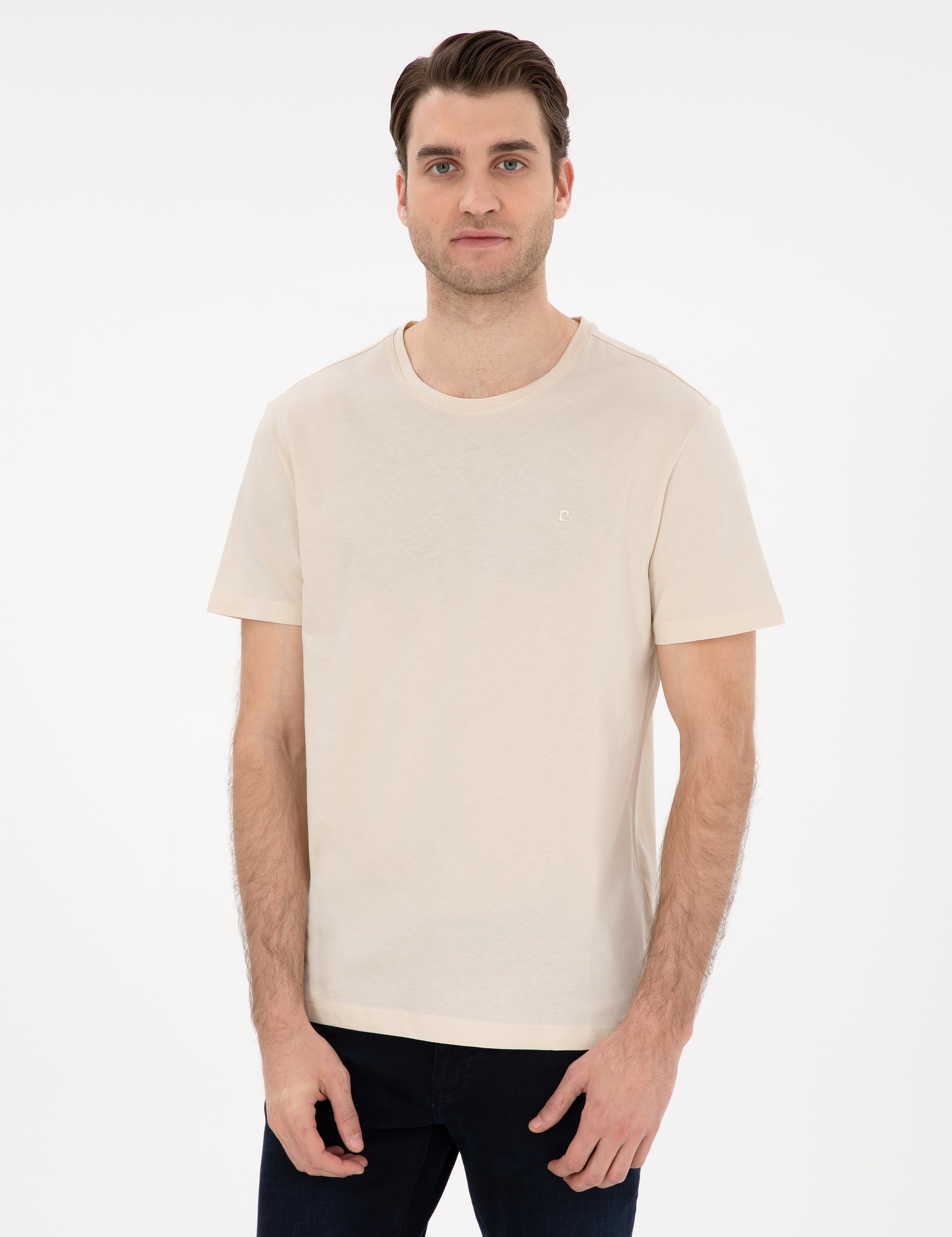 Bej Slim Fit %100 Pamuk Bisiklet Yaka Basic Tişört - Image 1