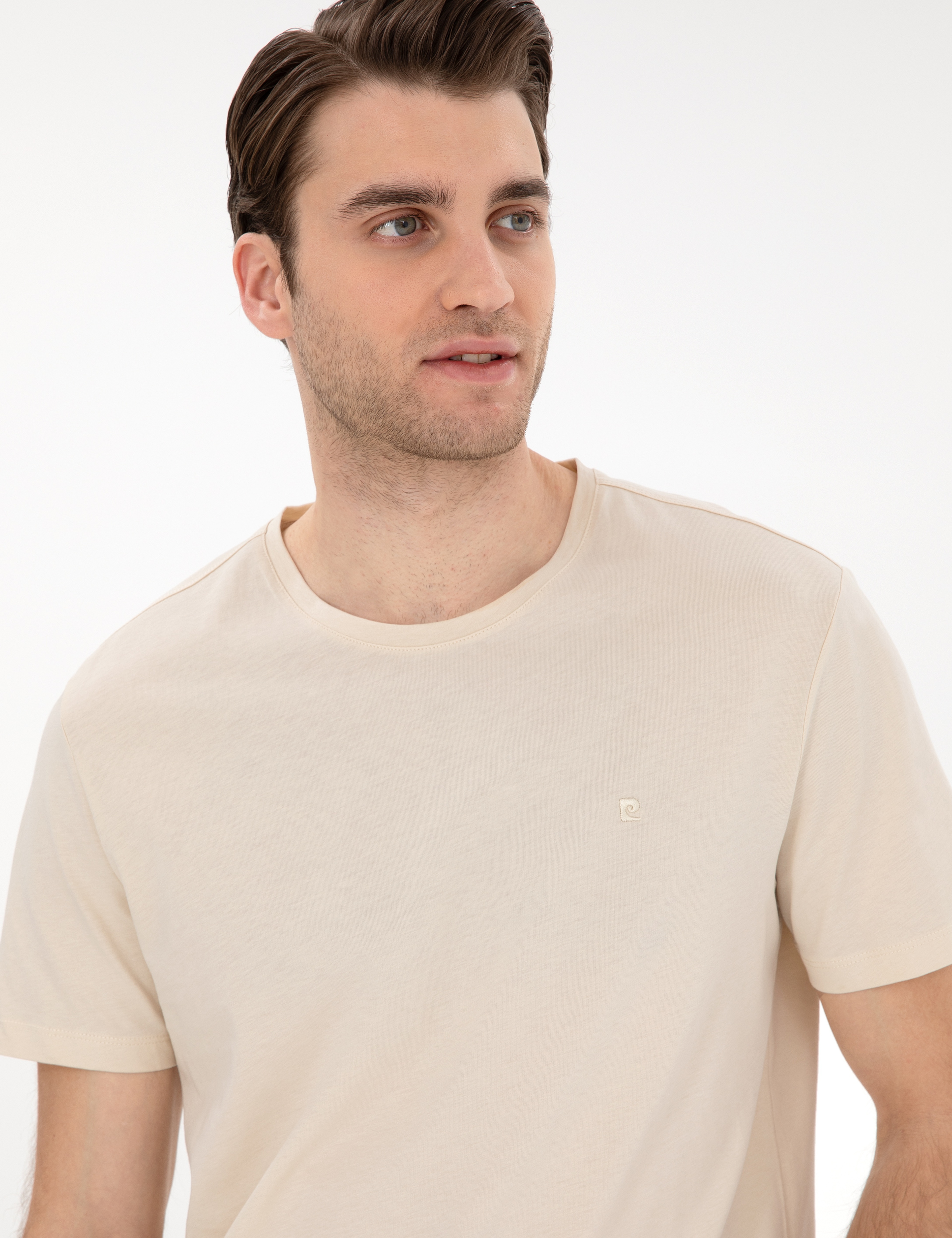Bej Slim Fit %100 Pamuk Bisiklet Yaka Basic Tişört - Image 2