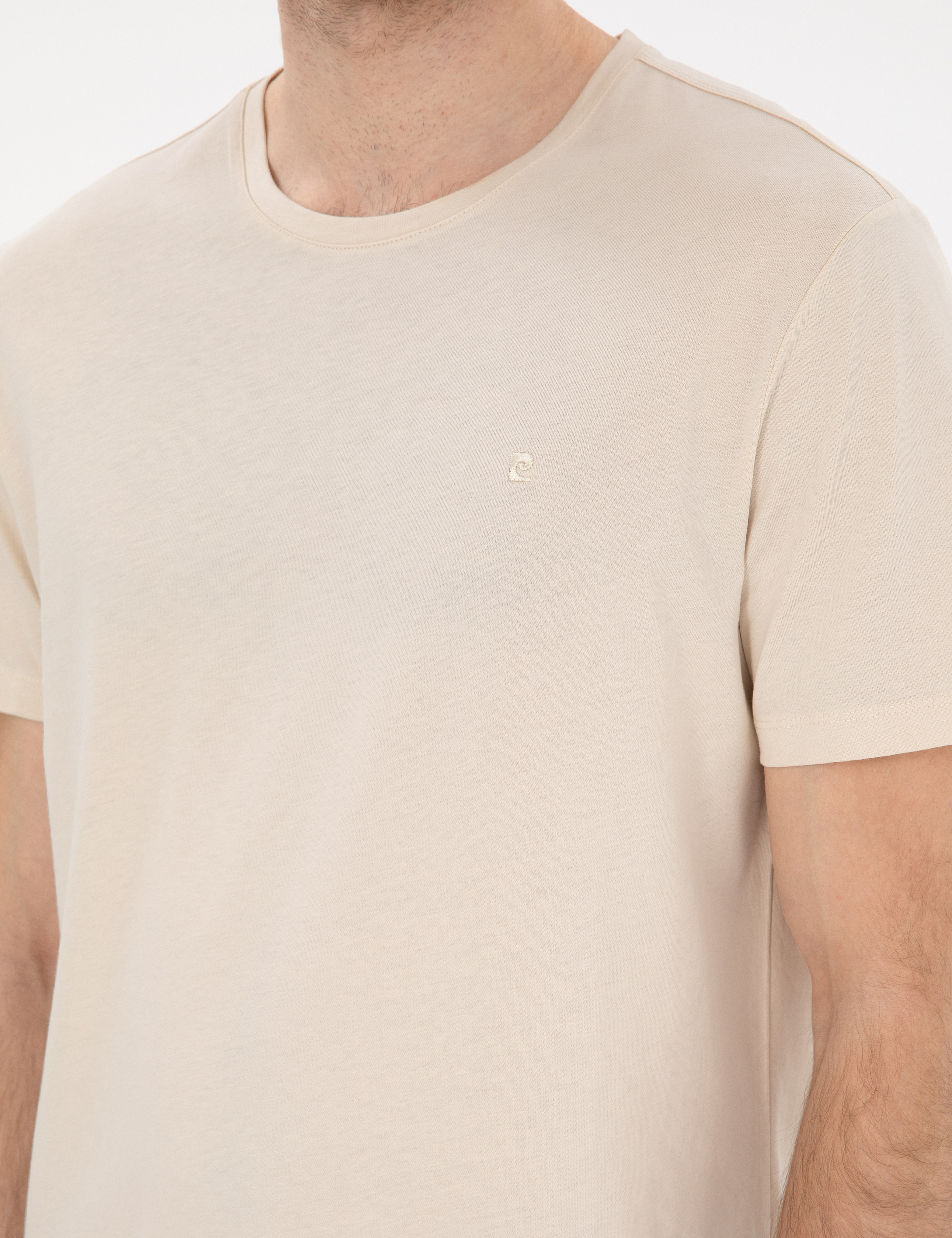 Bej Slim Fit %100 Pamuk Bisiklet Yaka Basic Tişört
