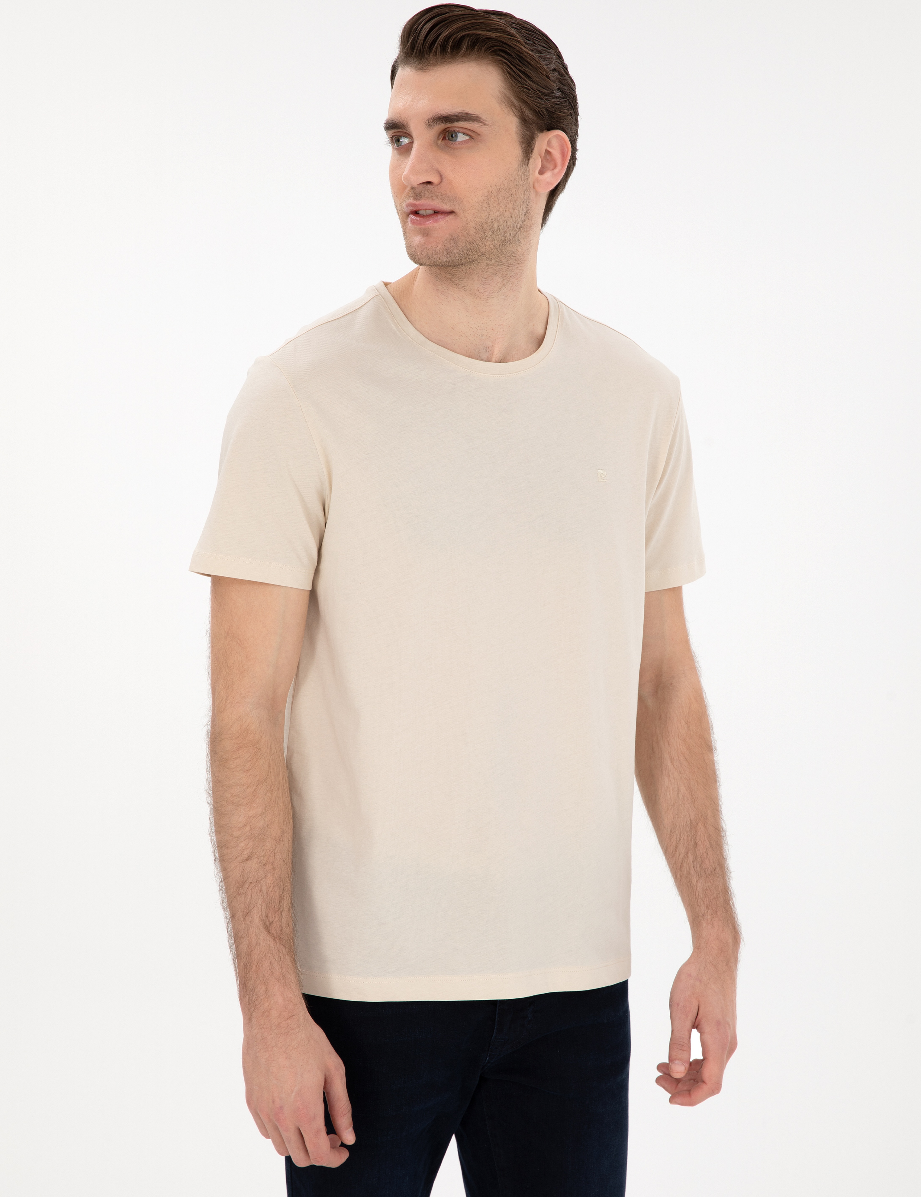 Bej Slim Fit %100 Pamuk Bisiklet Yaka Basic Tişört - Image 3