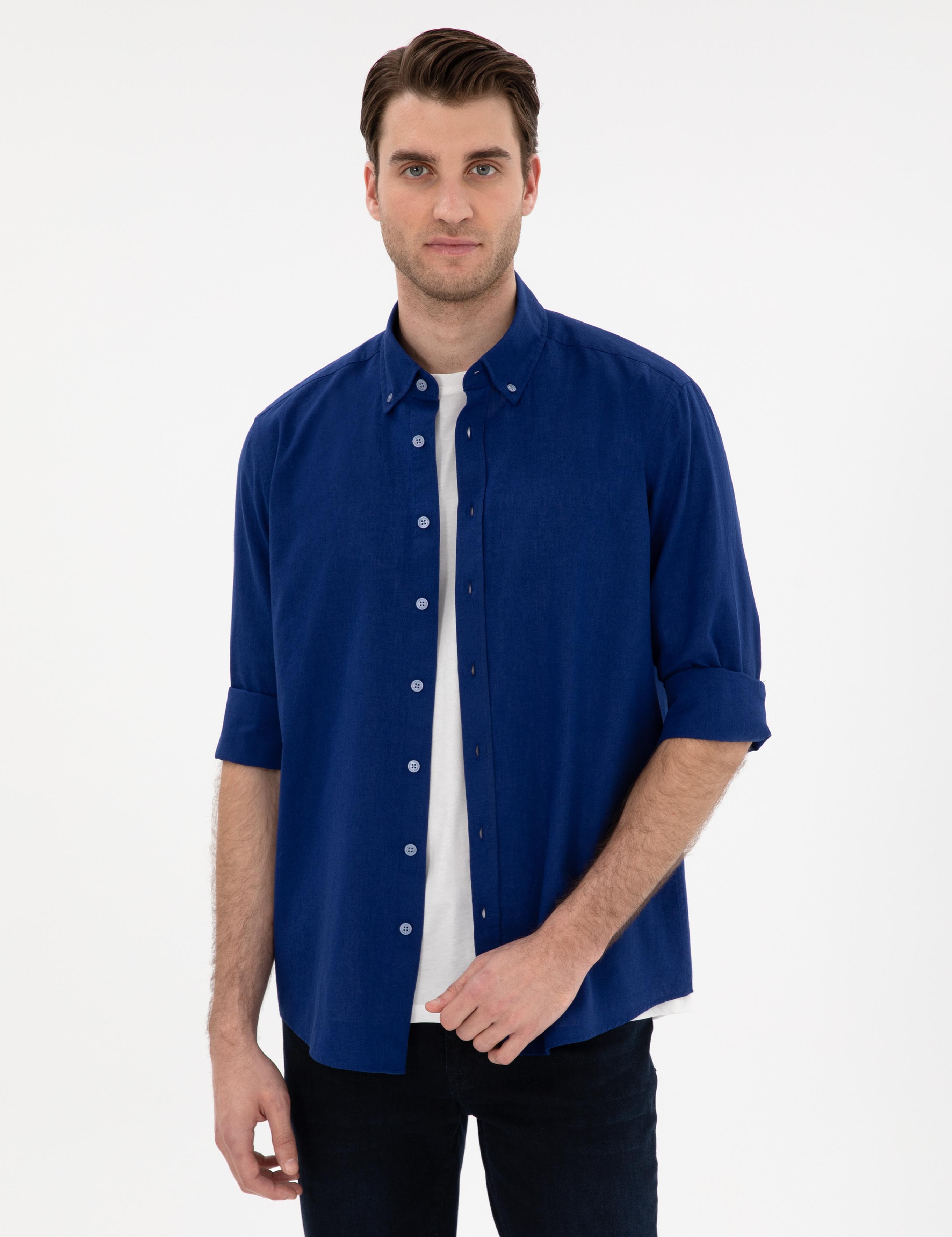 Koyu Mavi Keten Karışımlı Regular Fit Uzun Kollu Gömlek