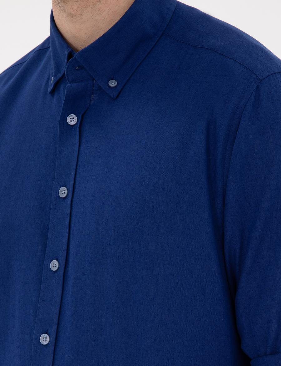 Koyu Mavi Keten Karışımlı Regular Fit Uzun Kollu Gömlek