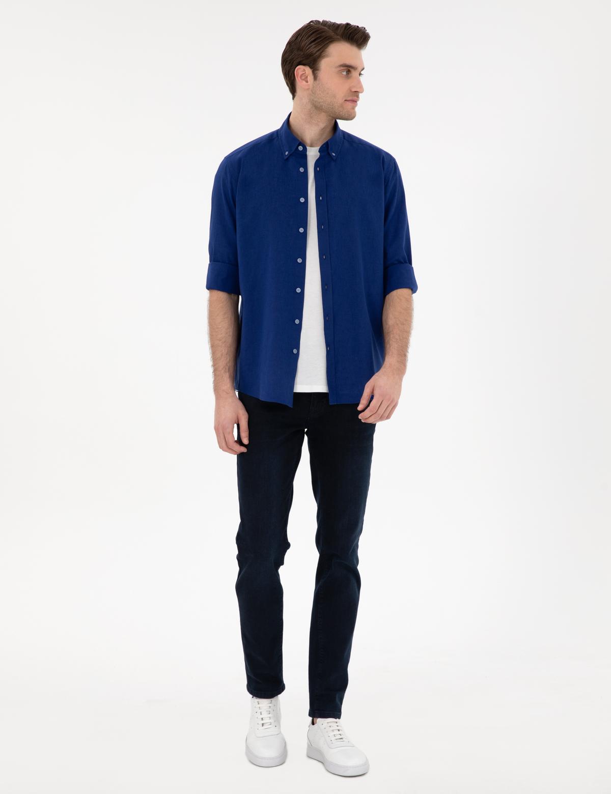 Koyu Mavi Keten Karışımlı Regular Fit Uzun Kollu Gömlek - 50303388032