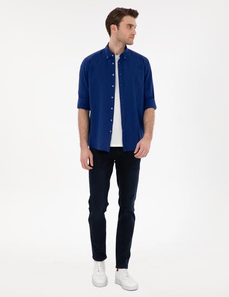 Koyu Mavi Keten Karışımlı Regular Fit Uzun Kollu Gömlek - 50303388032