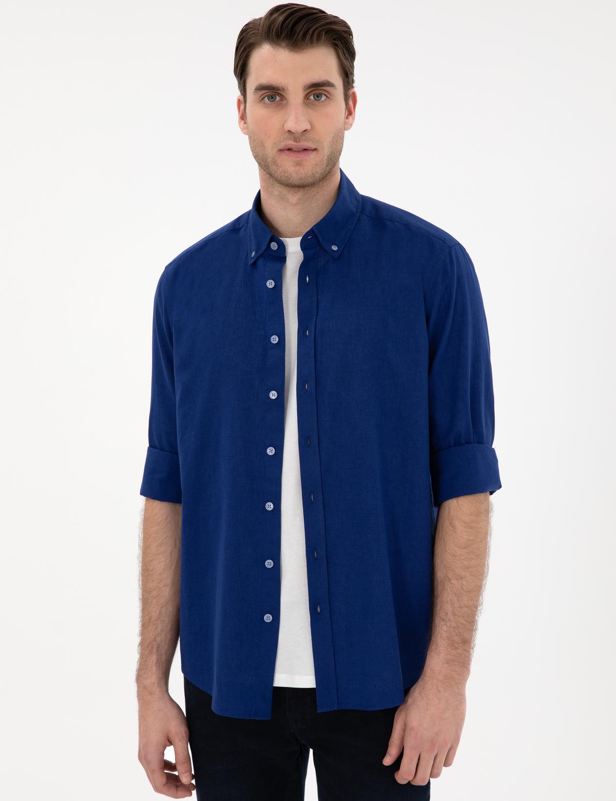 Koyu Mavi Keten Karışımlı Regular Fit Uzun Kollu Gömlek - 50303388032