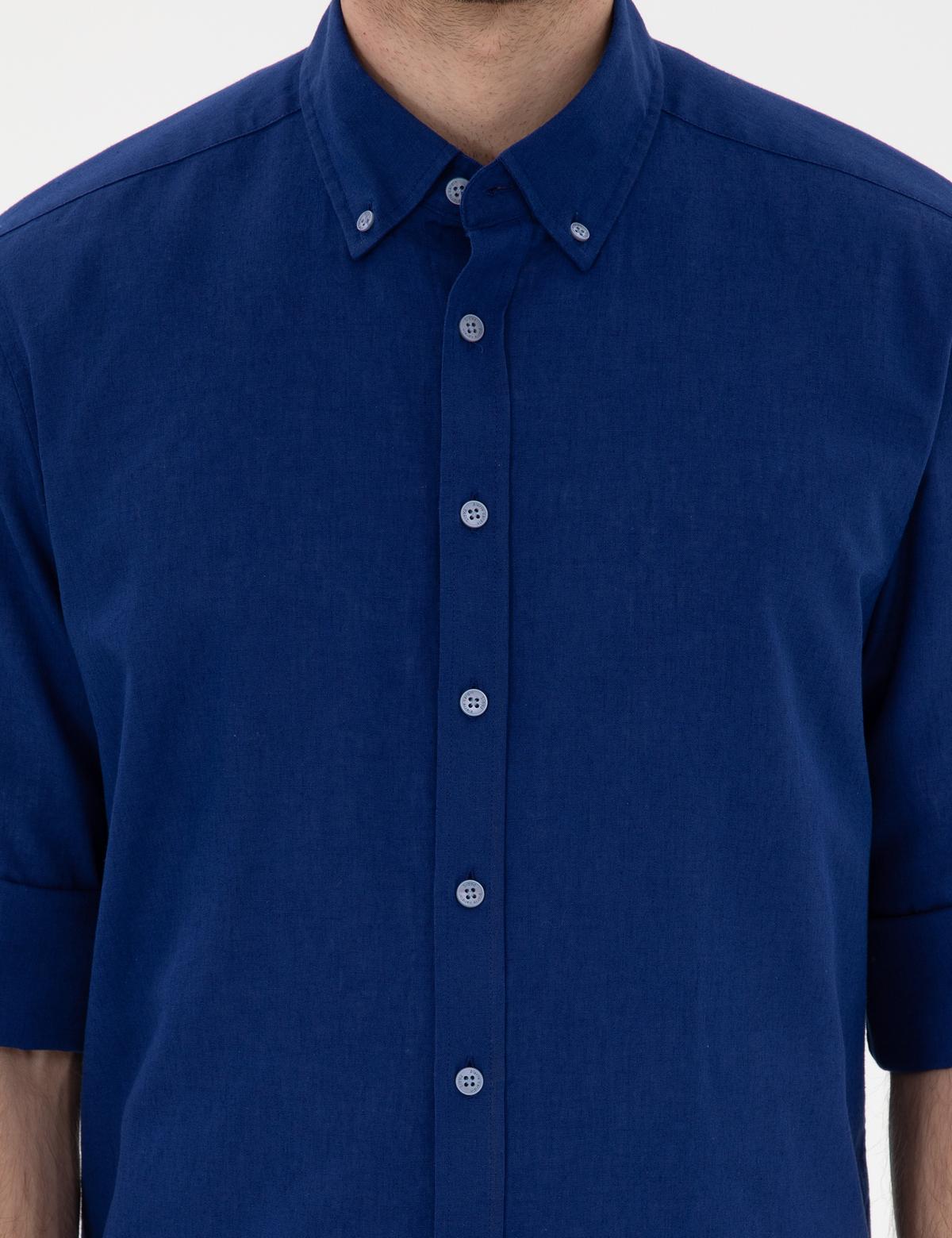 Koyu Mavi Keten Karışımlı Regular Fit Uzun Kollu Gömlek - 50303388032