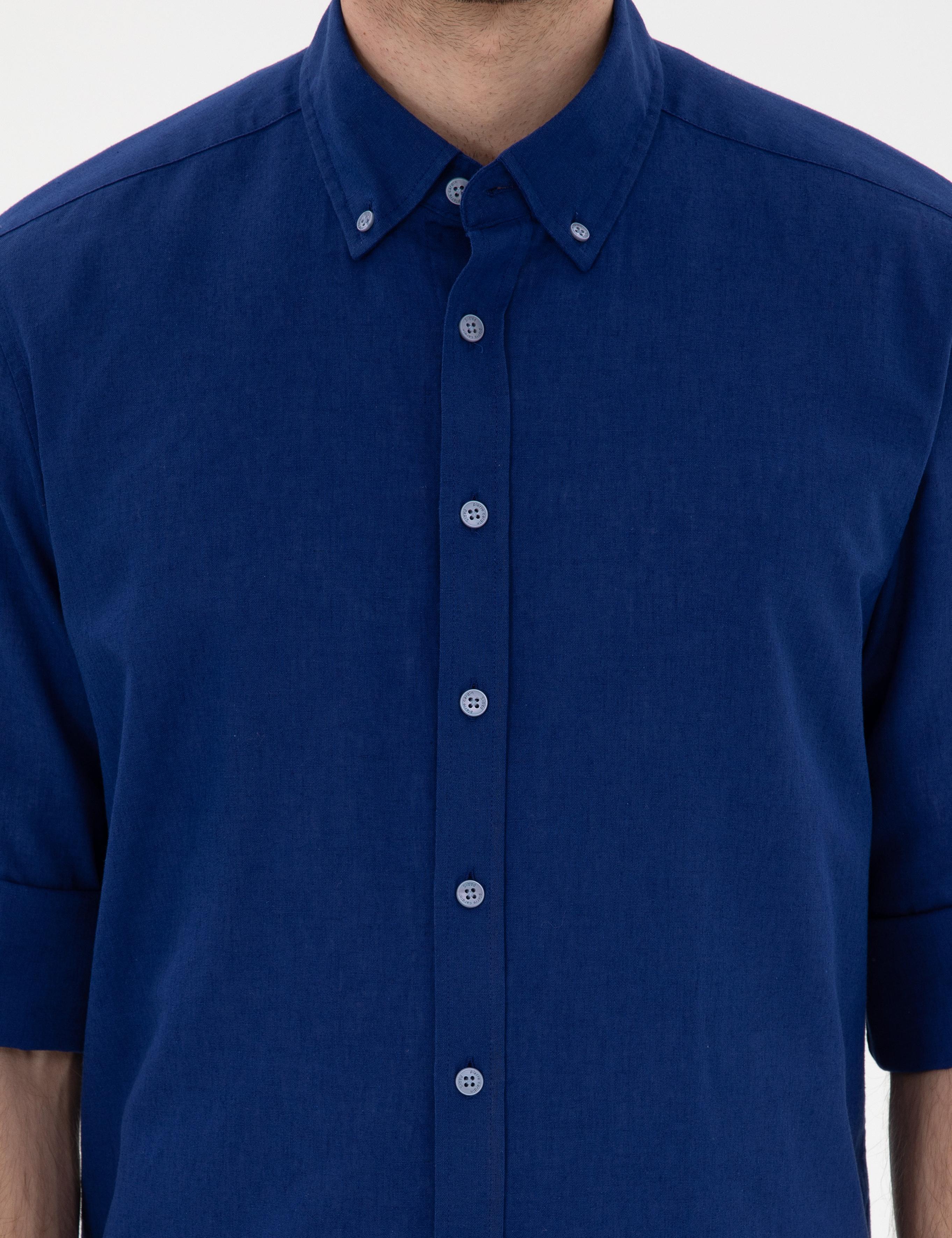 Koyu Mavi Keten Karışımlı Regular Fit Uzun Kollu Gömlek