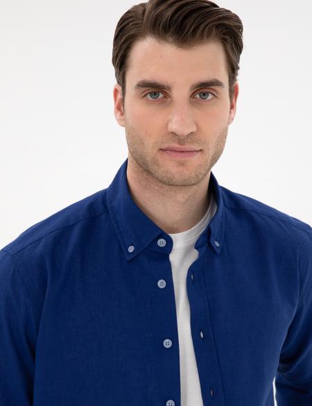Koyu Mavi Keten Karışımlı Regular Fit Uzun Kollu Gömlek - 50303388032