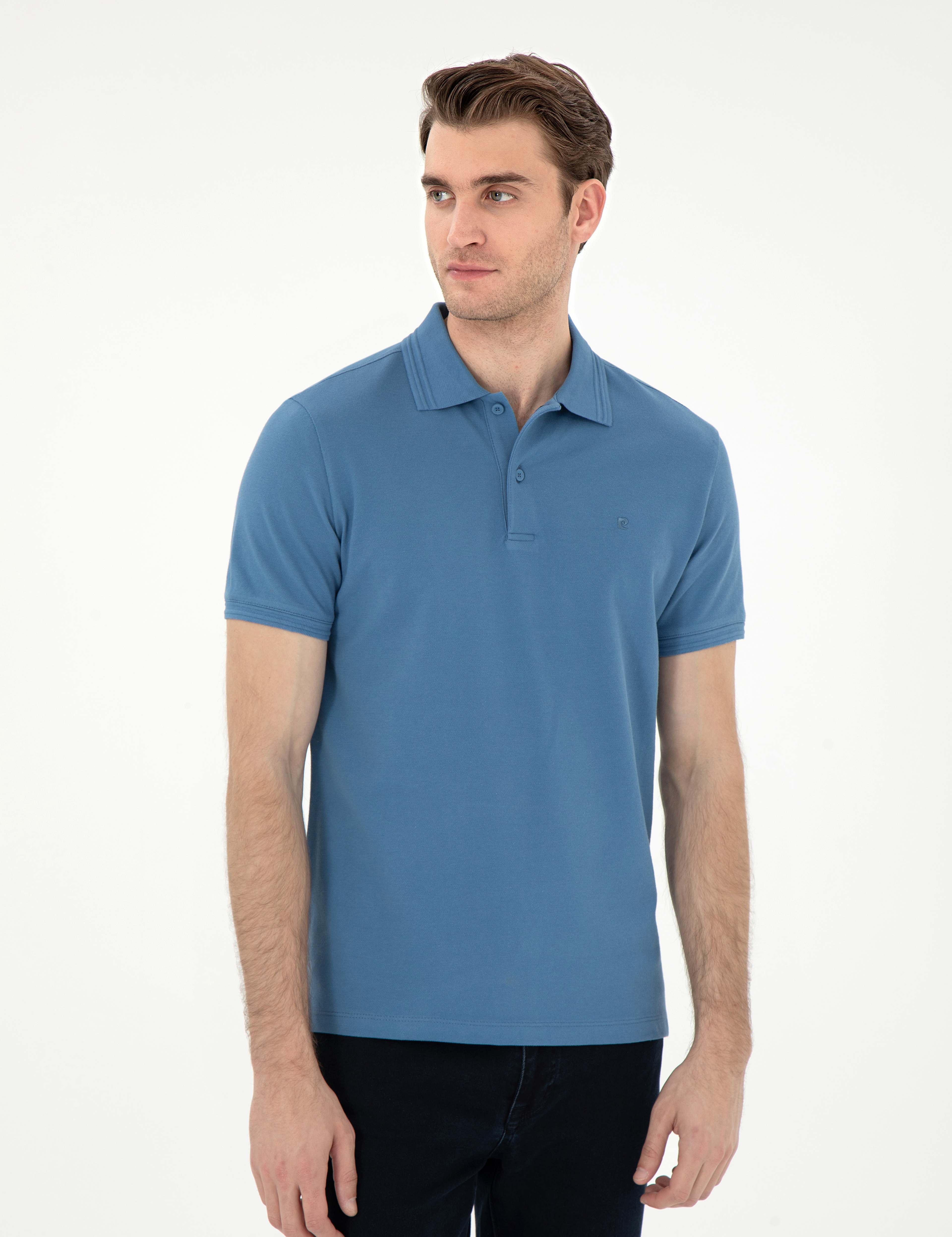 Koyu Mavi Slim Fit %100 Pamuk Polo Yaka Basic Tişört - Image 3