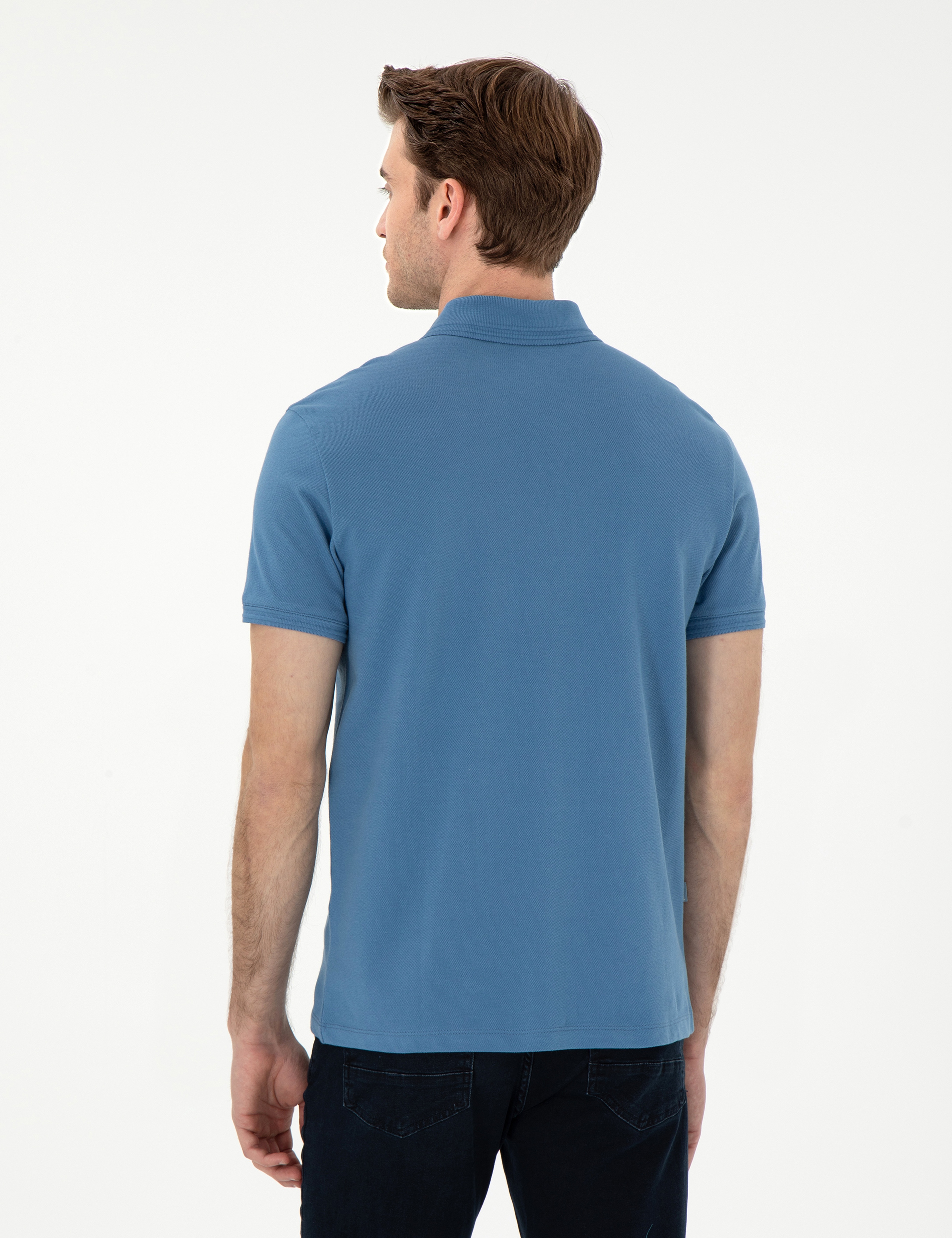 Koyu Mavi Slim Fit %100 Pamuk Polo Yaka Basic Tişört - Image 5