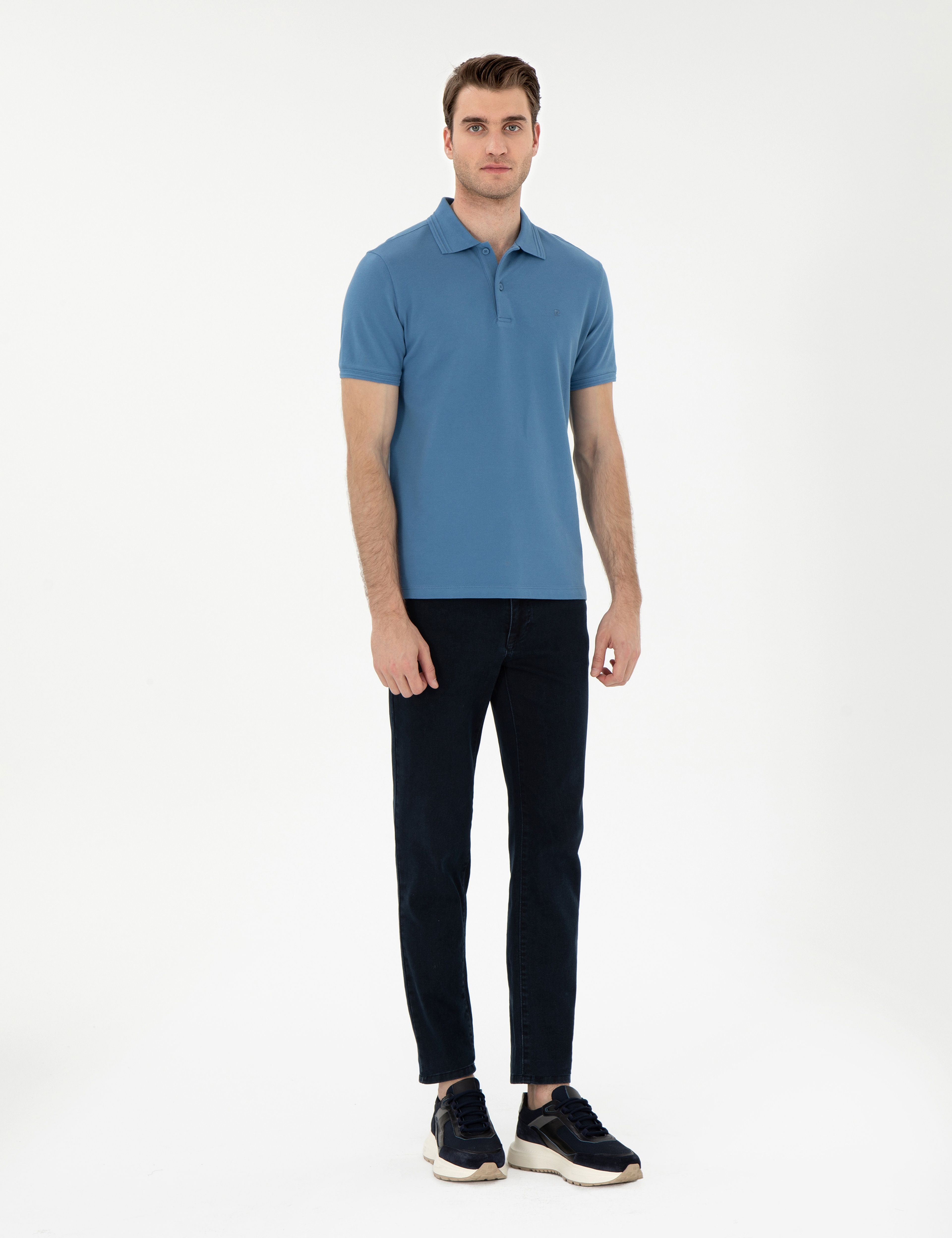 Koyu Mavi Slim Fit %100 Pamuk Polo Yaka Basic Tişört - Image 4