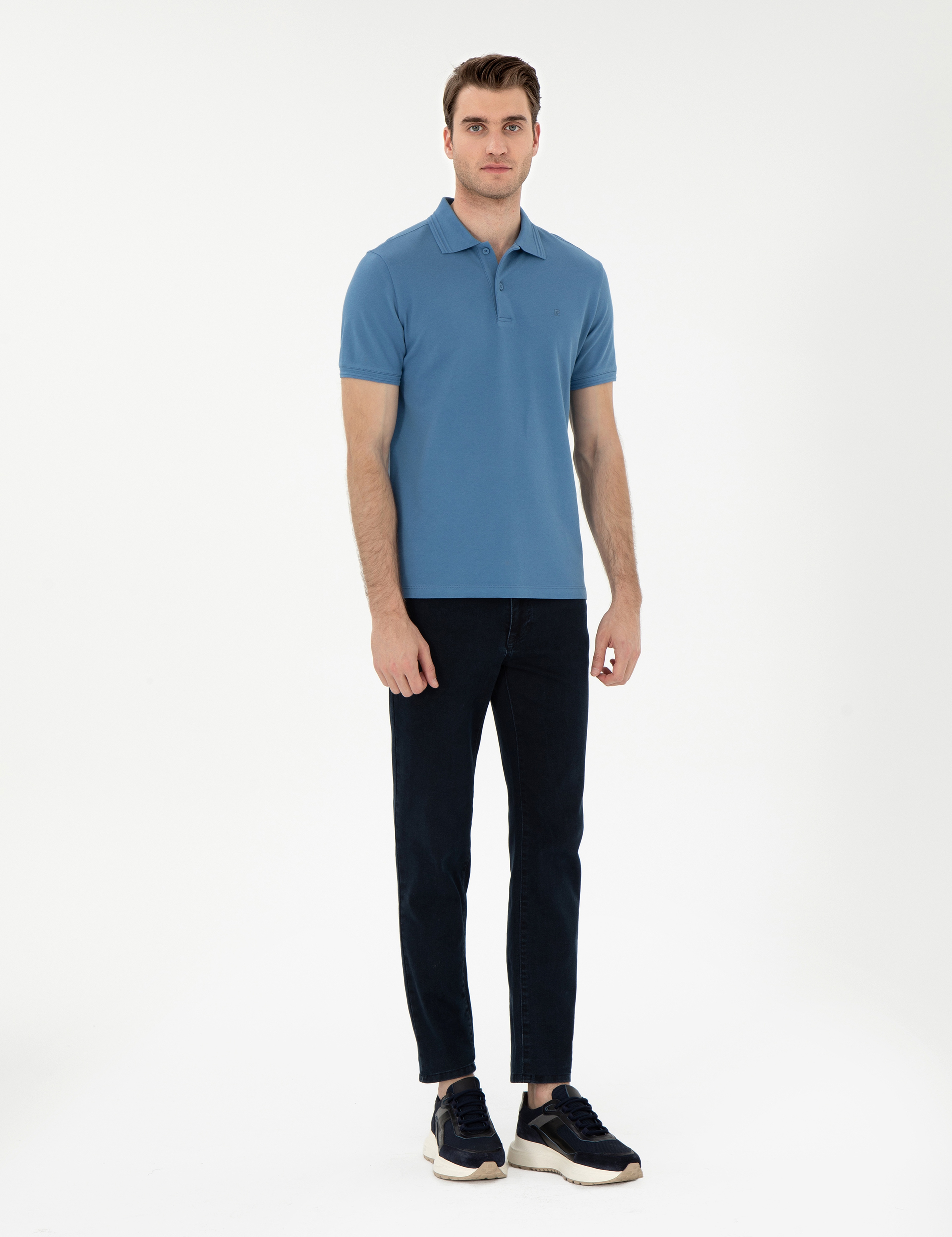 Koyu Mavi Slim Fit %100 Pamuk Polo Yaka Basic Tişört
