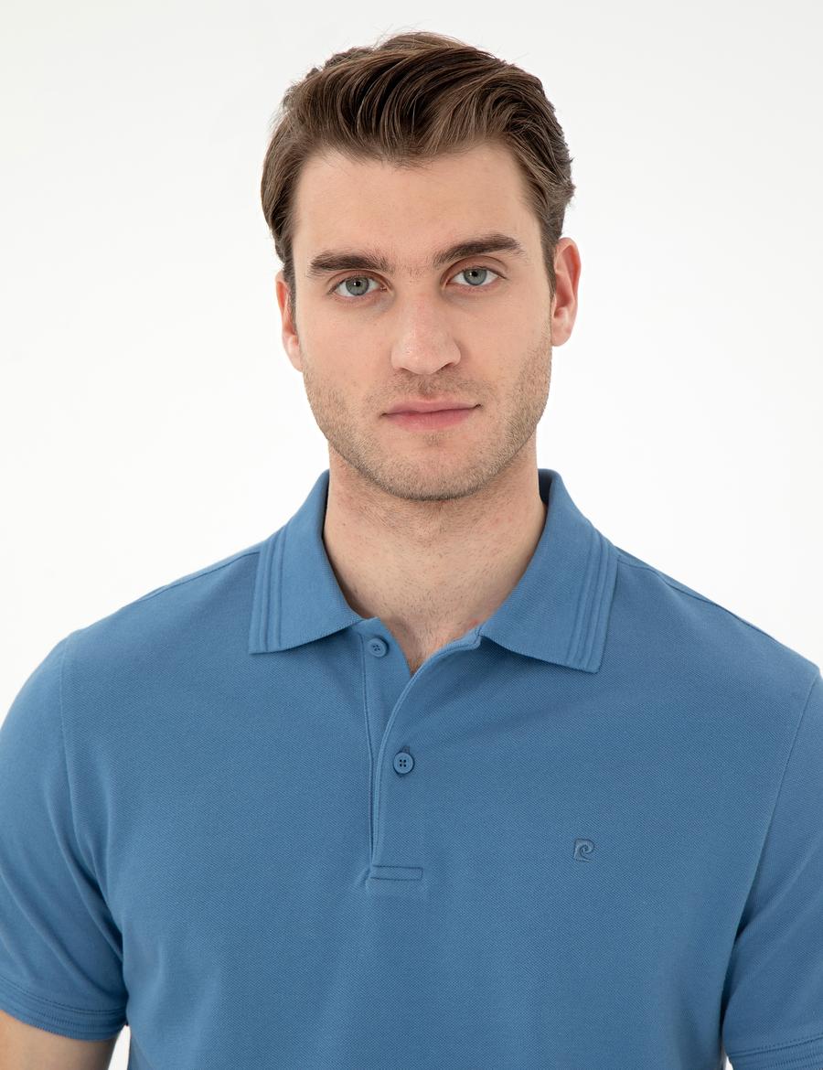Koyu Mavi Slim Fit %100 Pamuk Polo Yaka Basic Tişört