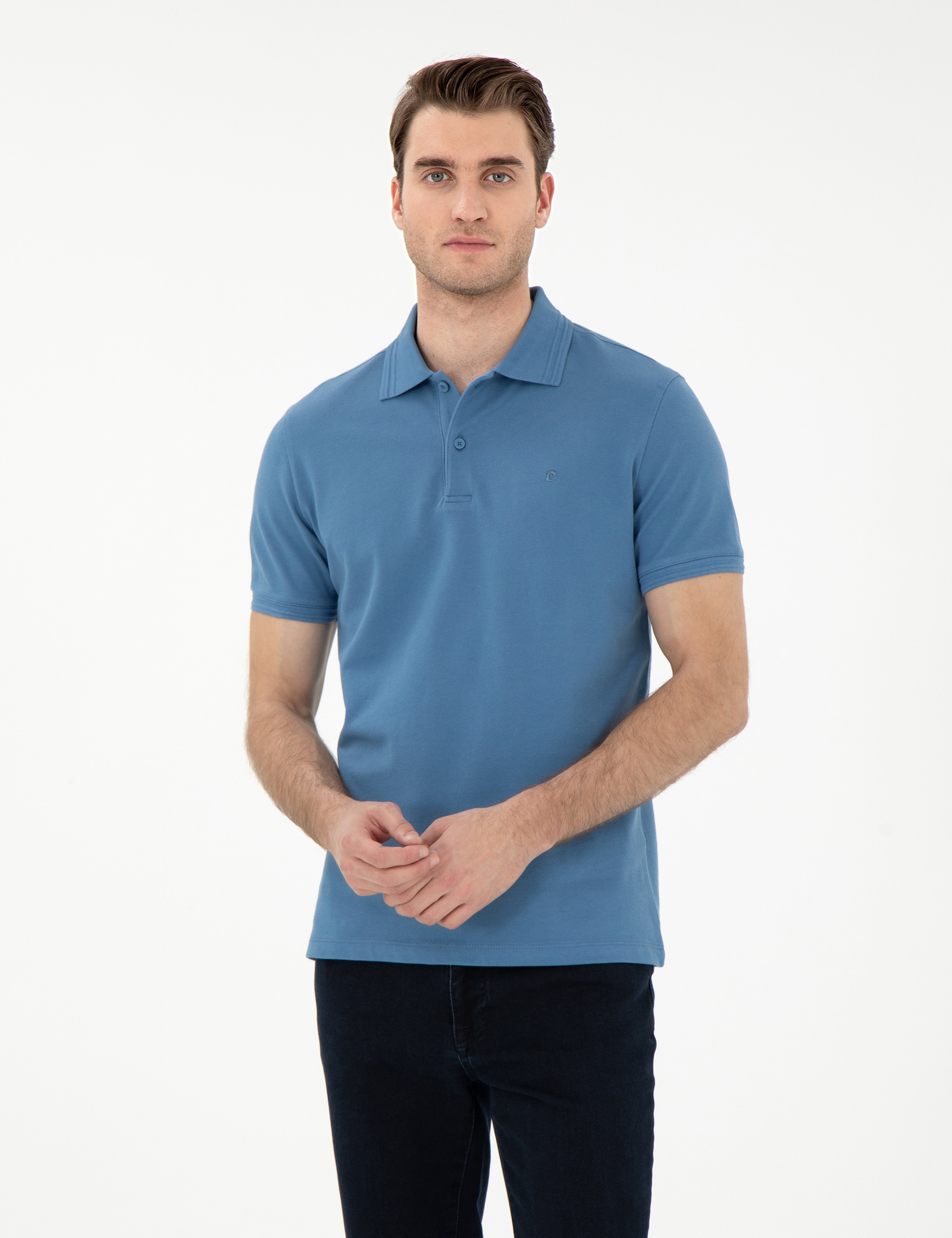 Koyu Mavi Slim Fit %100 Pamuk Polo Yaka Basic Tişört - Image 1