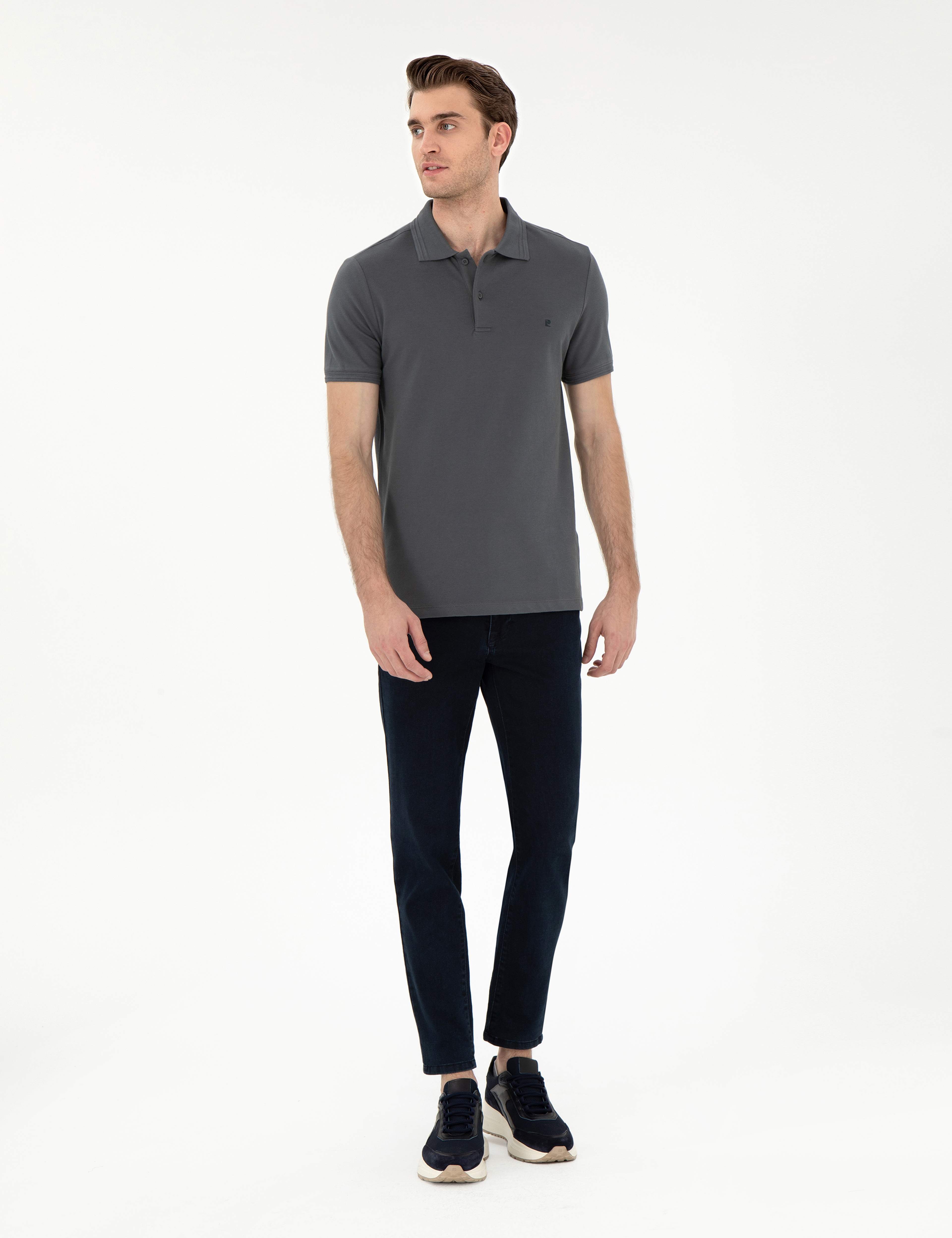 Antrasit Slim Fit %100 Pamuk Düğmeli Polo Yaka Basic Tişört - Image 4