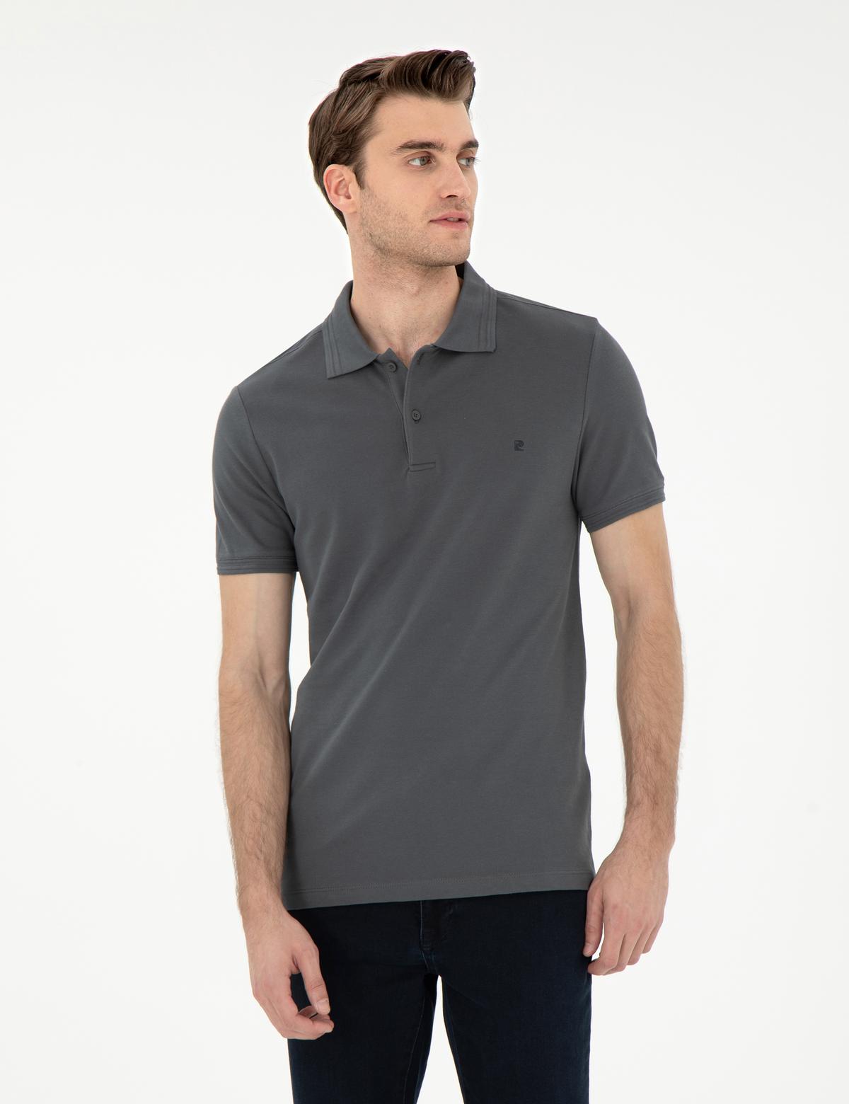Antrasit Slim Fit %100 Pamuk Polo Yaka Basic Tişört