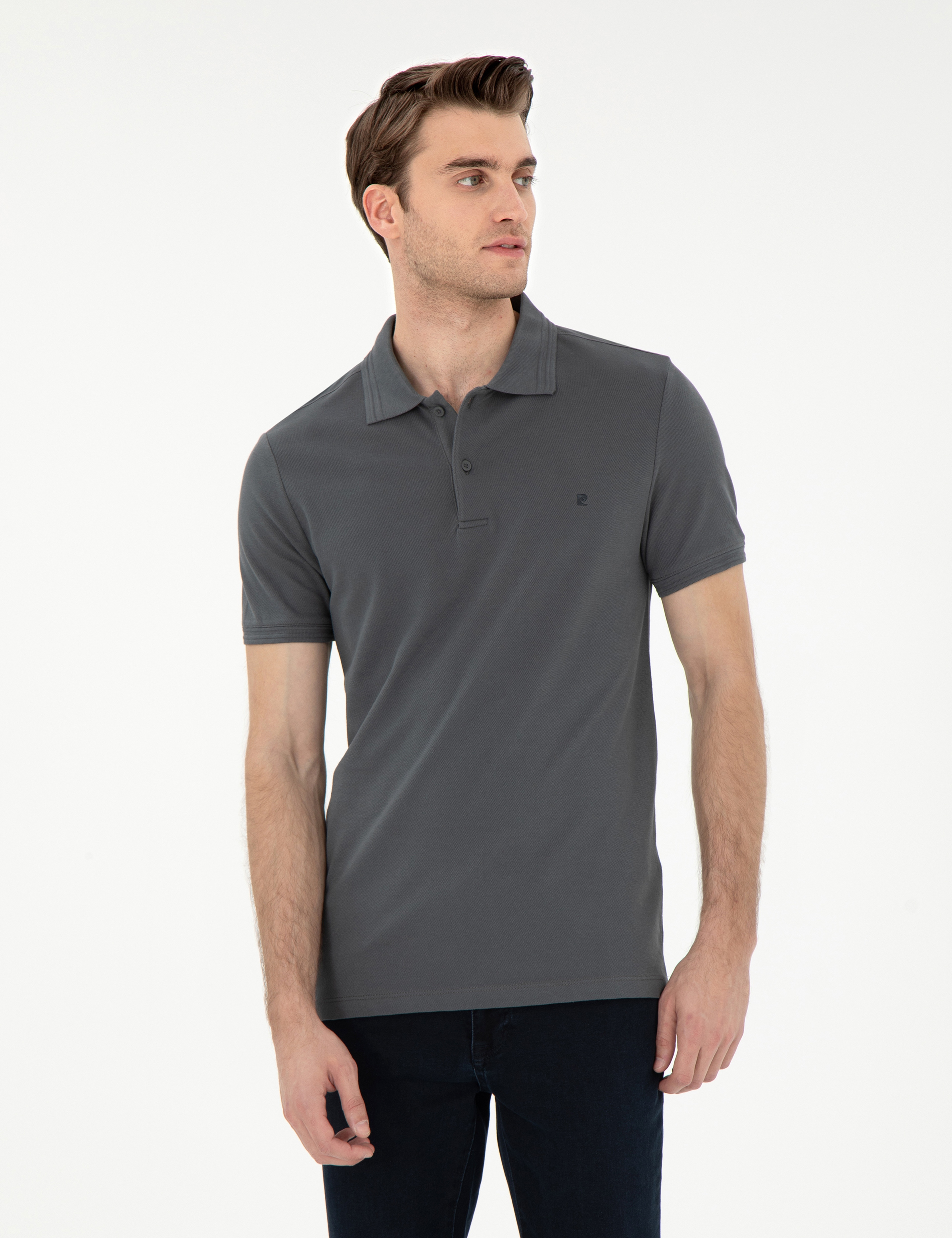 Antrasit Slim Fit %100 Pamuk Düğmeli Polo Yaka Basic Tişört - Image 1