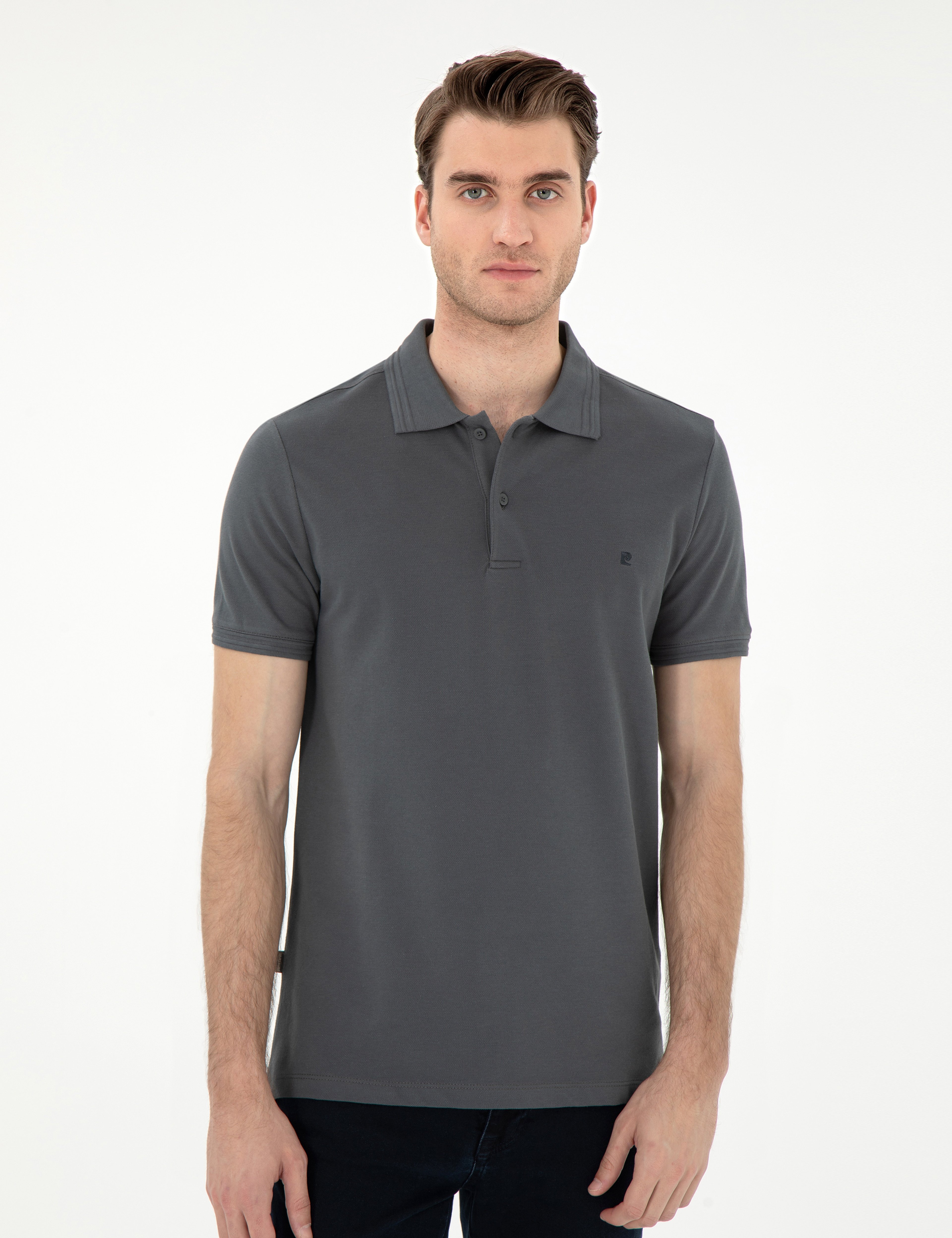 Antrasit Slim Fit %100 Pamuk Düğmeli Polo Yaka Basic Tişört - Image 3