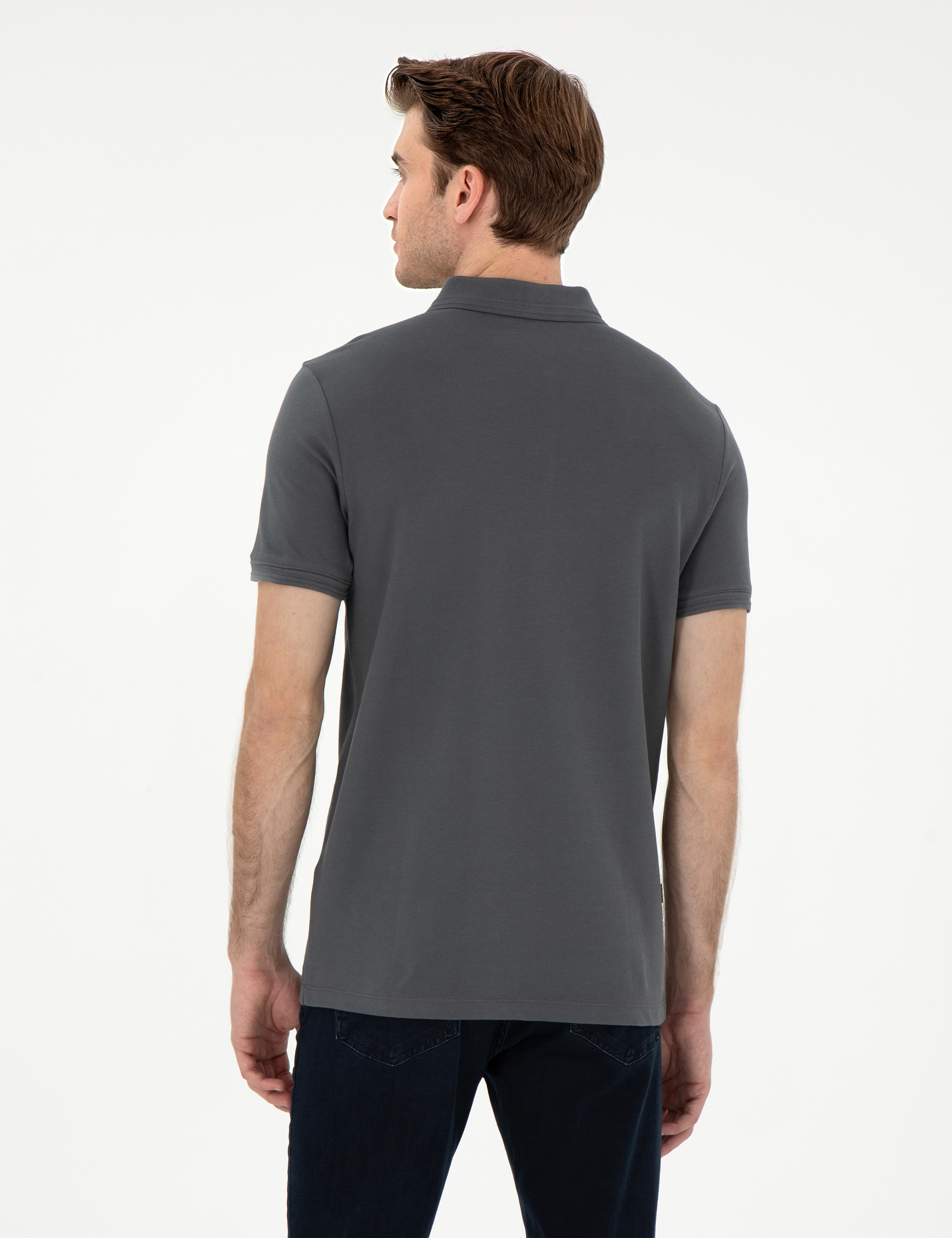 Antrasit Slim Fit %100 Pamuk Düğmeli Polo Yaka Basic Tişört