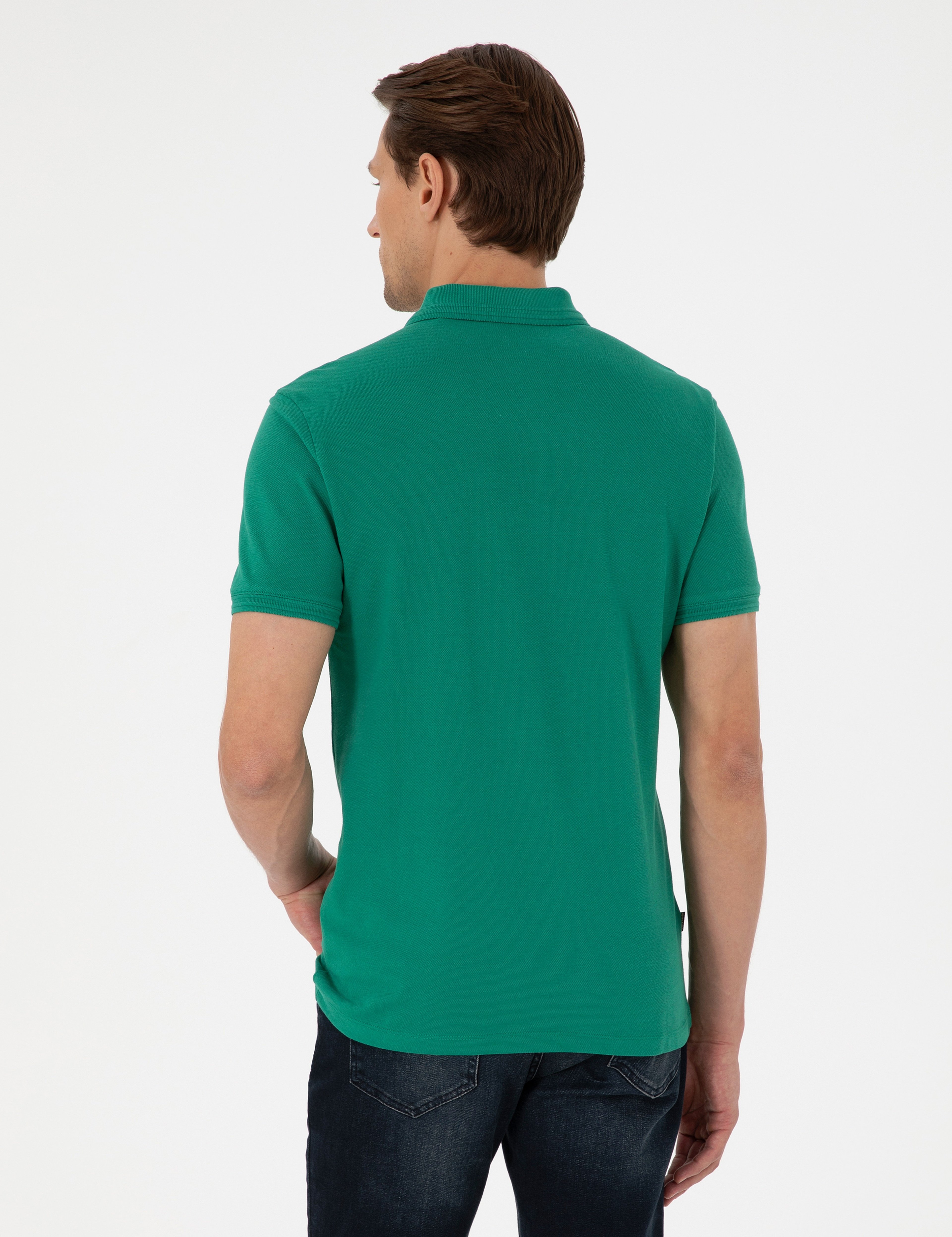 Yeşil Slim Fit %100 Pamuk Düğmeli Polo Yaka Basic Tişört - Image 5