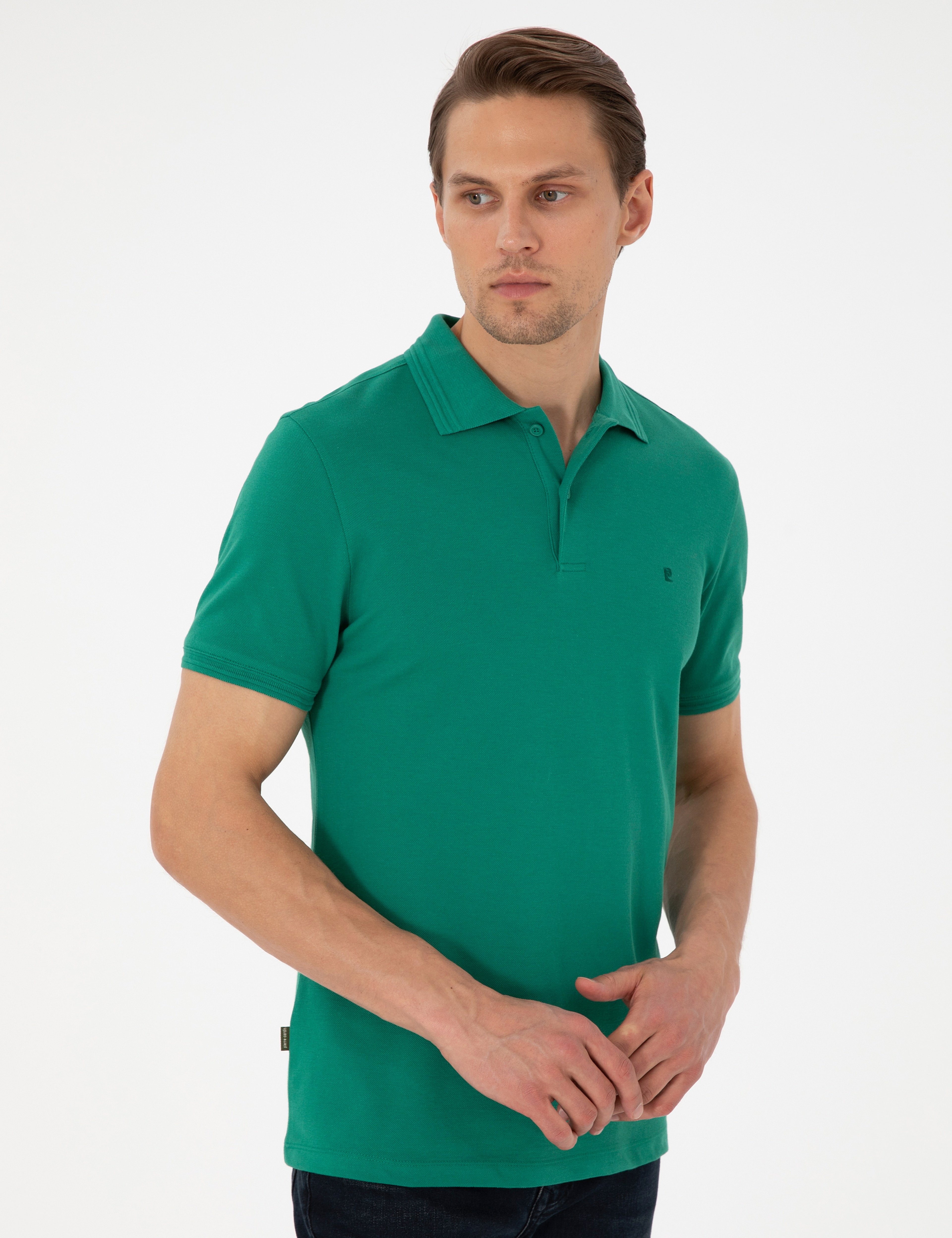 Yeşil Slim Fit %100 Pamuk Düğmeli Polo Yaka Basic Tişört - Image 3