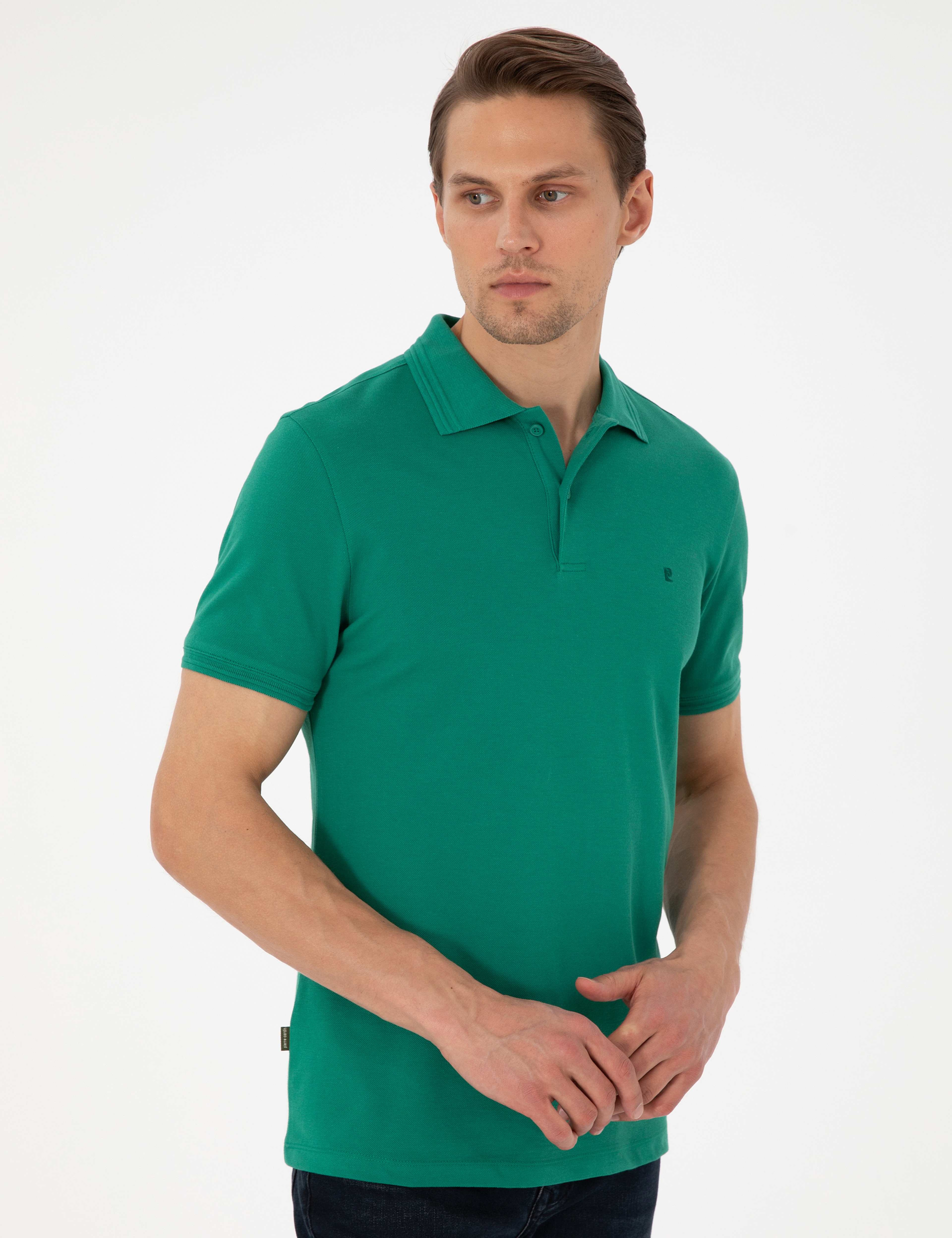 Yeşil Slim Fit %100 Pamuk Düğmeli Polo Yaka Basic Tişört