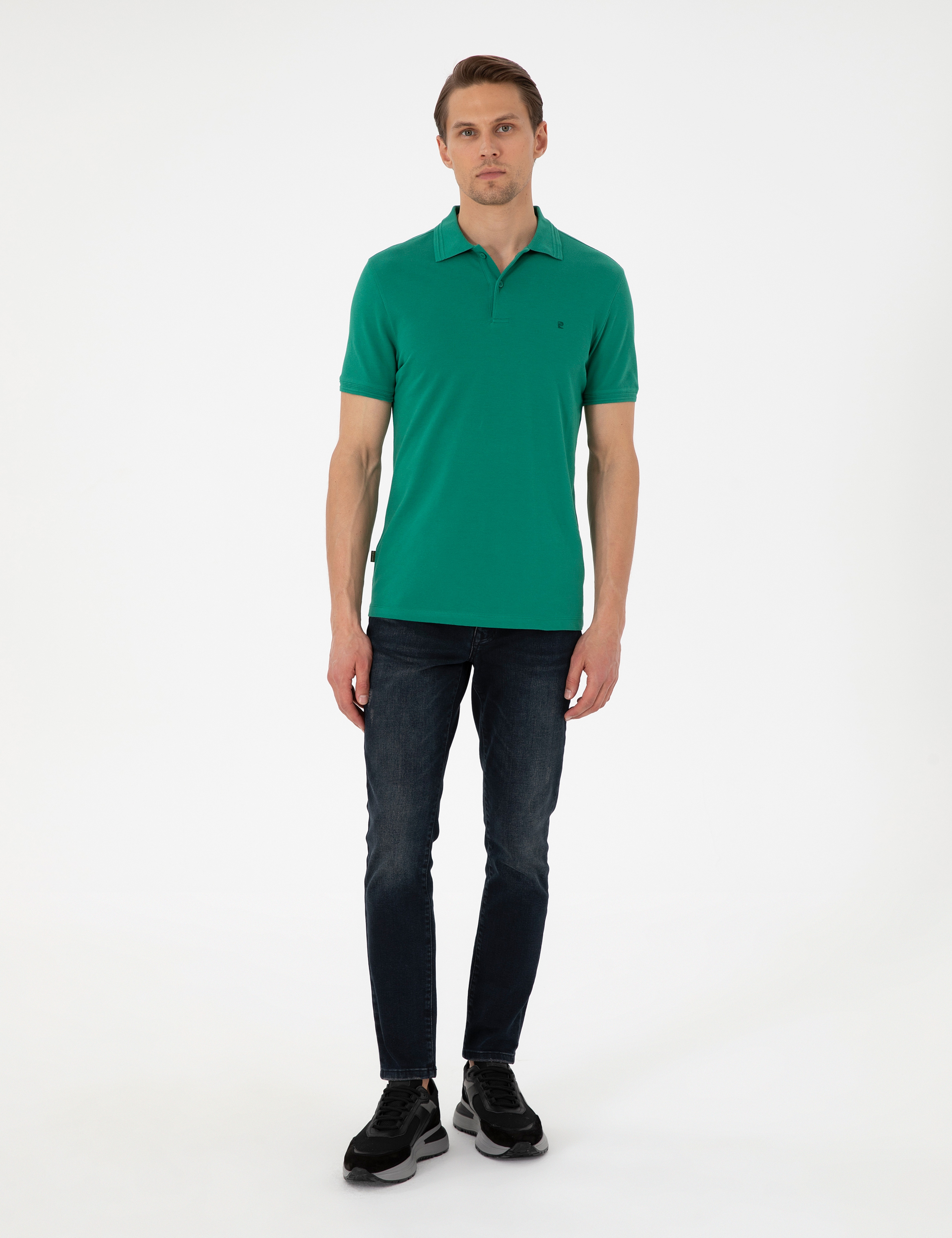 Yeşil Slim Fit %100 Pamuk Düğmeli Polo Yaka Basic Tişört - Image 4