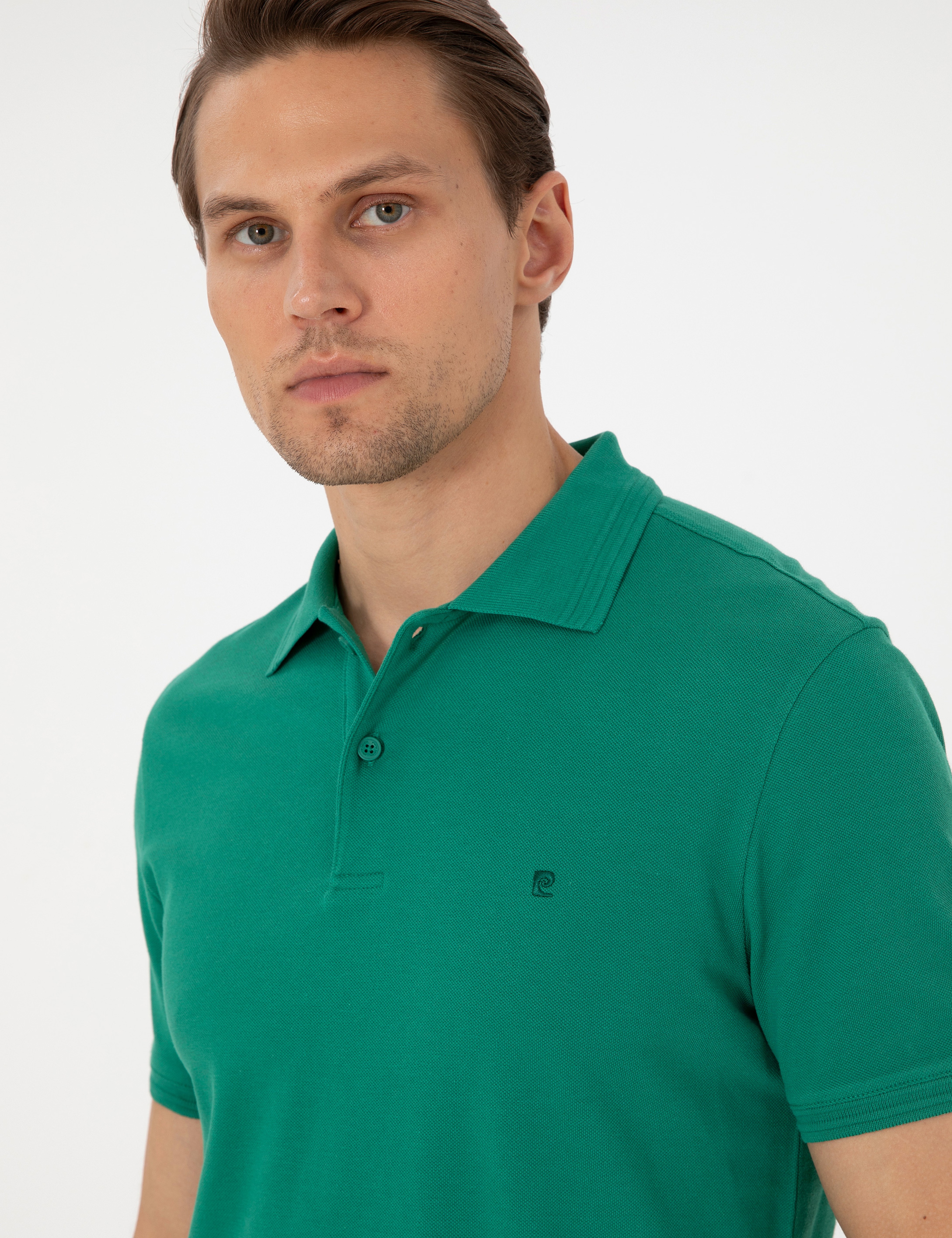 Yeşil Slim Fit %100 Pamuk Düğmeli Polo Yaka Basic Tişört - Image 2