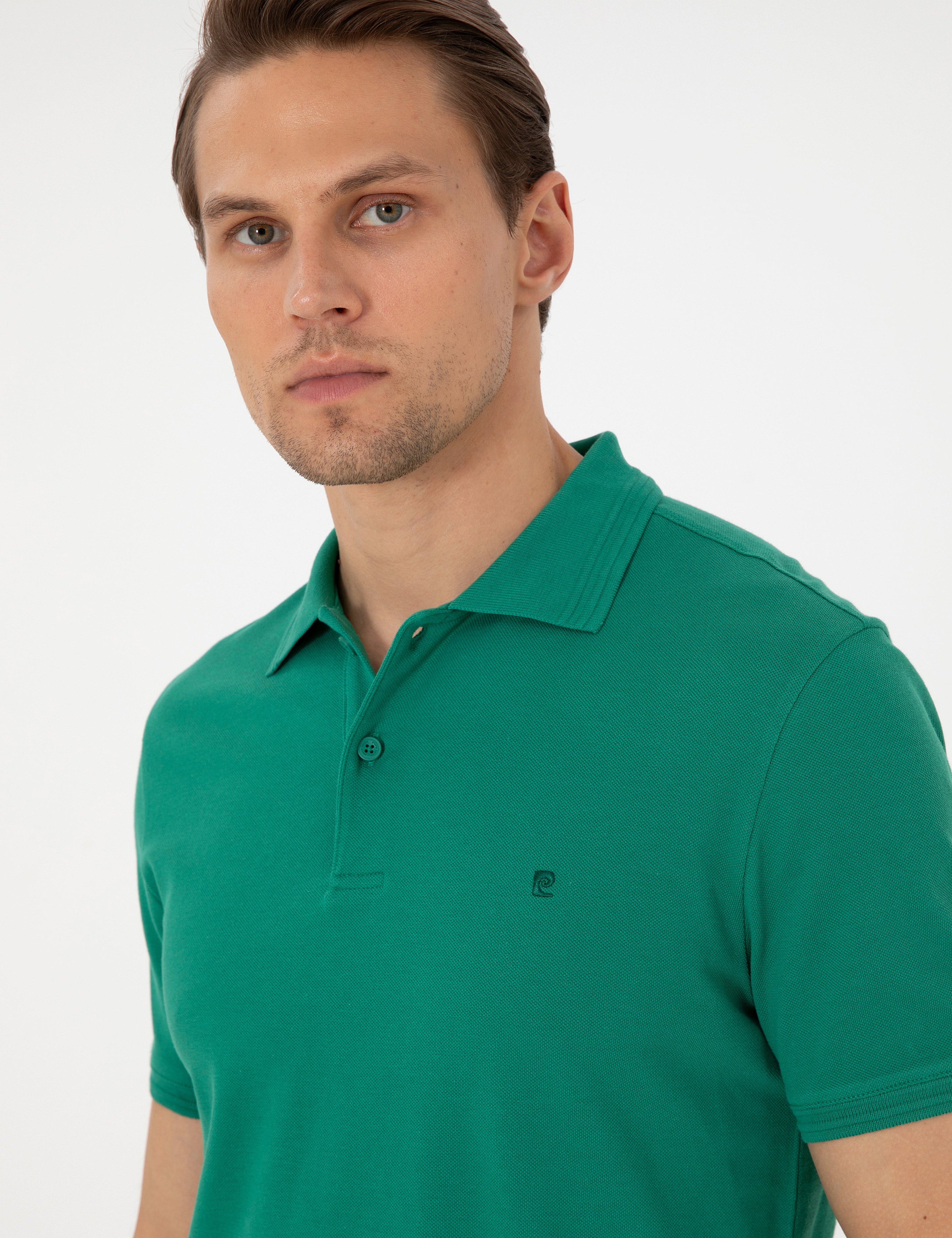 Yeşil Slim Fit %100 Pamuk Düğmeli Polo Yaka Basic Tişört
