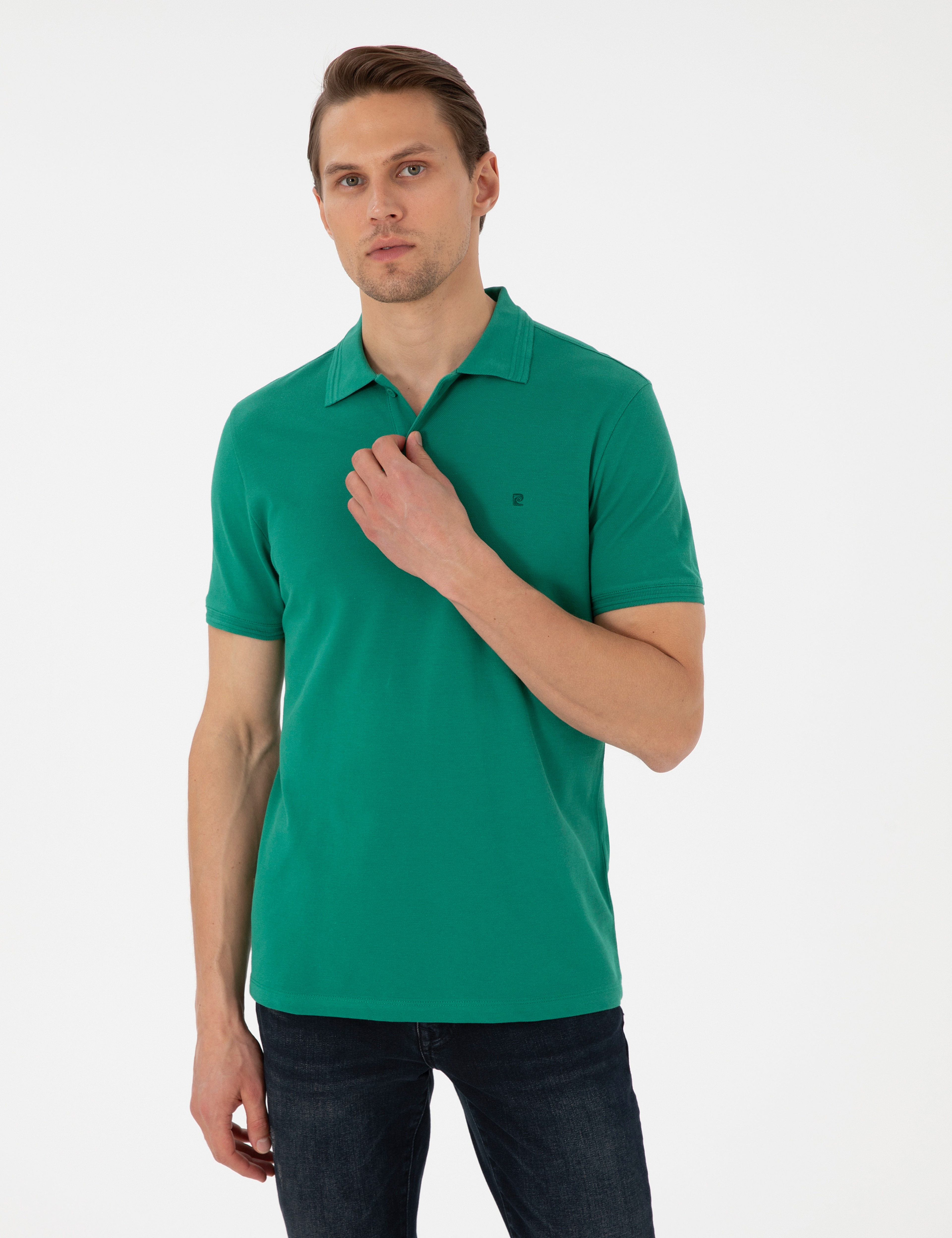 Yeşil Slim Fit %100 Pamuk Düğmeli Polo Yaka Basic Tişört - Image 1